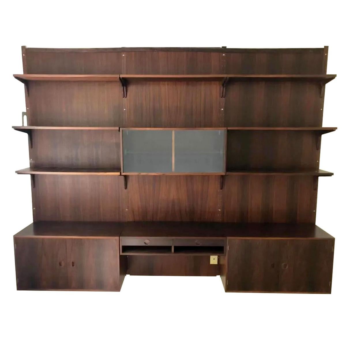 3-Column Danish Modern Rosewood Adjustable Wall Unit with Paneling For Sale