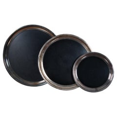 3 Crescent Mid-Century Modern Black Formica Silver Plate Round Nesting Trays