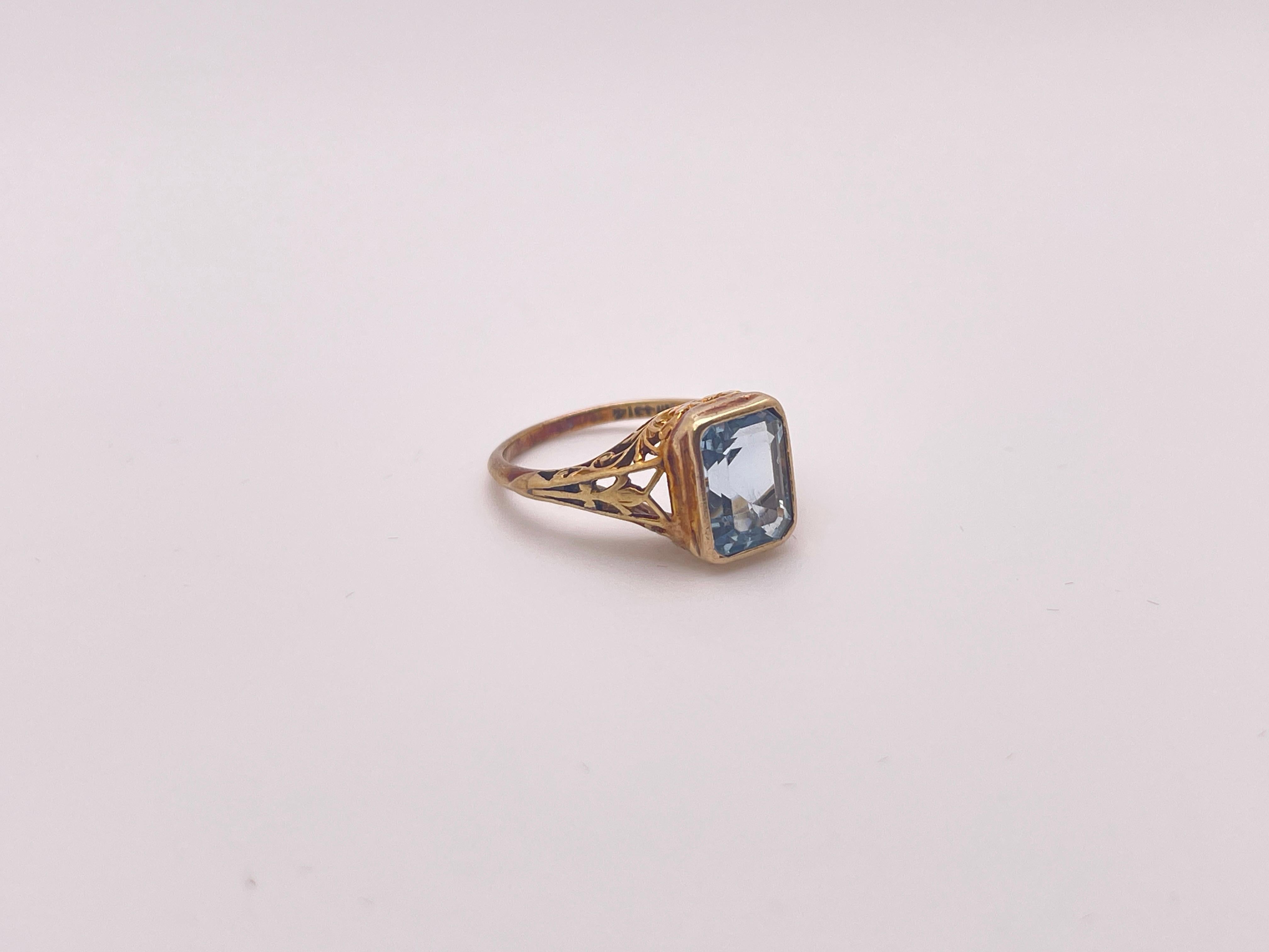 3 CT Blue Aquamarine Art Deco 14K Yellow Gold Engagement Ring For Sale 7