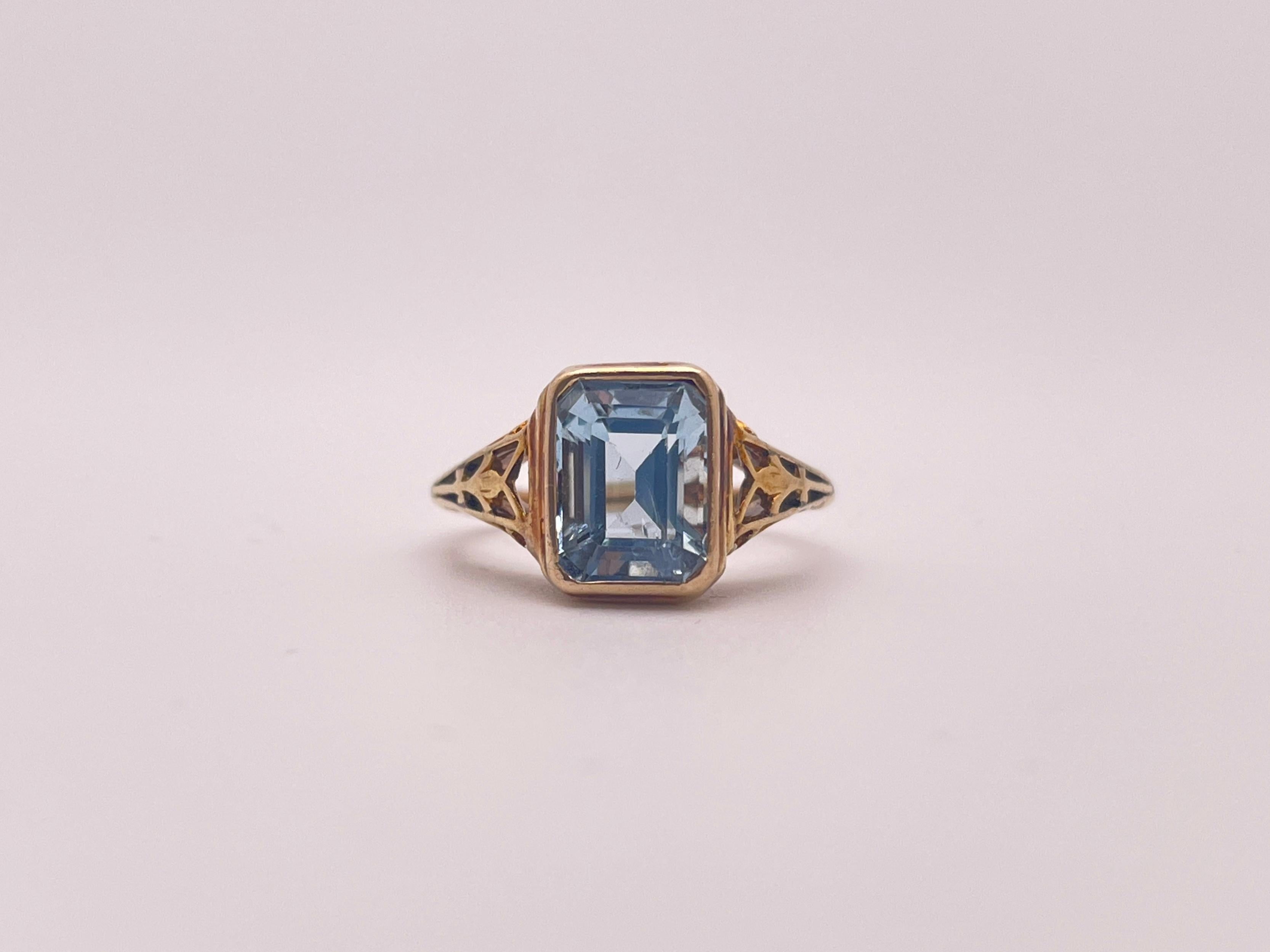 3 CT Blue Aquamarine Art Deco 14K Yellow Gold Engagement Ring For Sale 4