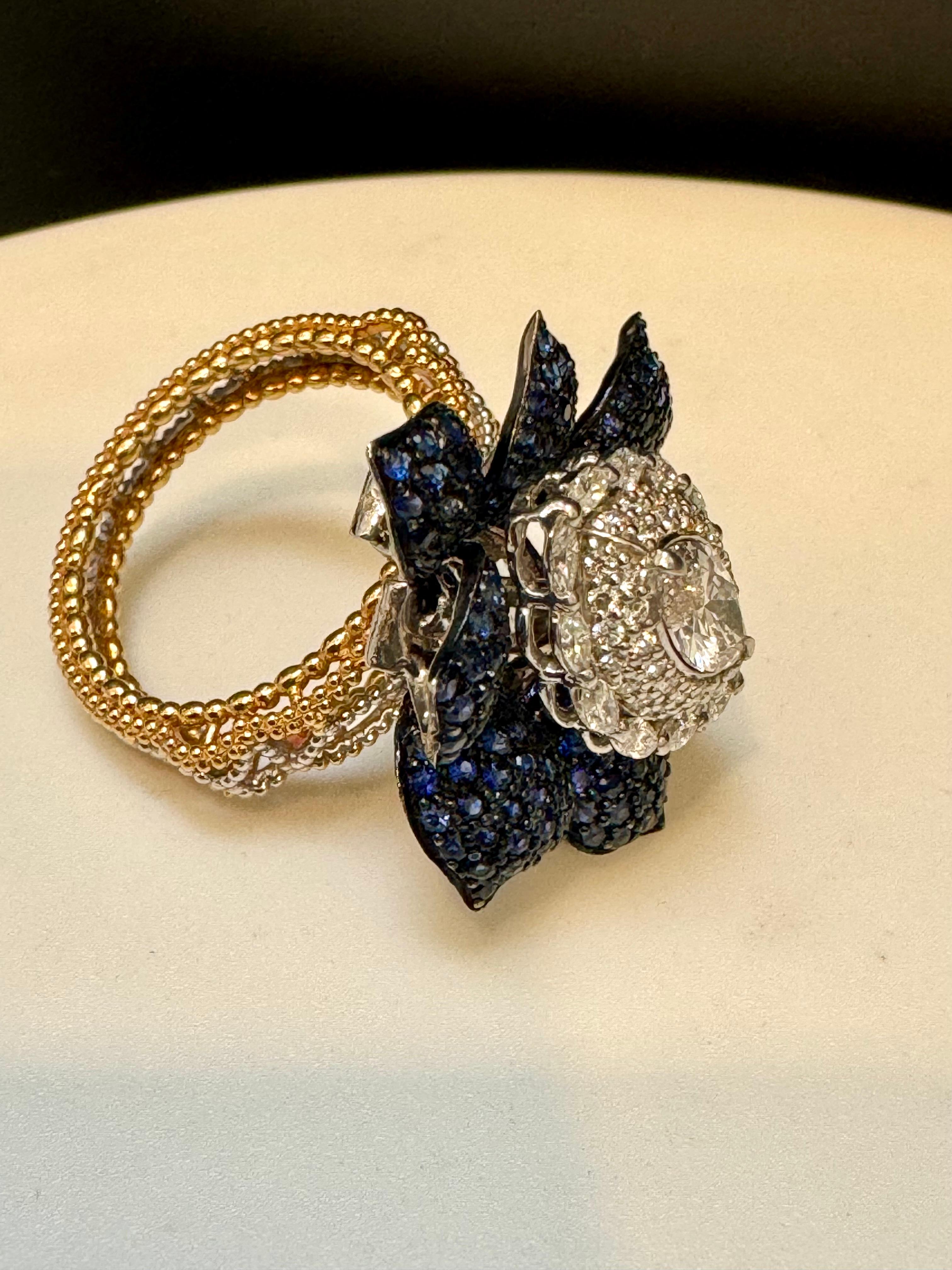 3 Karat Blauer Saphir & 1,5 Karat Diamant-Blumenring in 18 Kt Zweifarbigem Diamant  Gold  Größe7 im Angebot 5