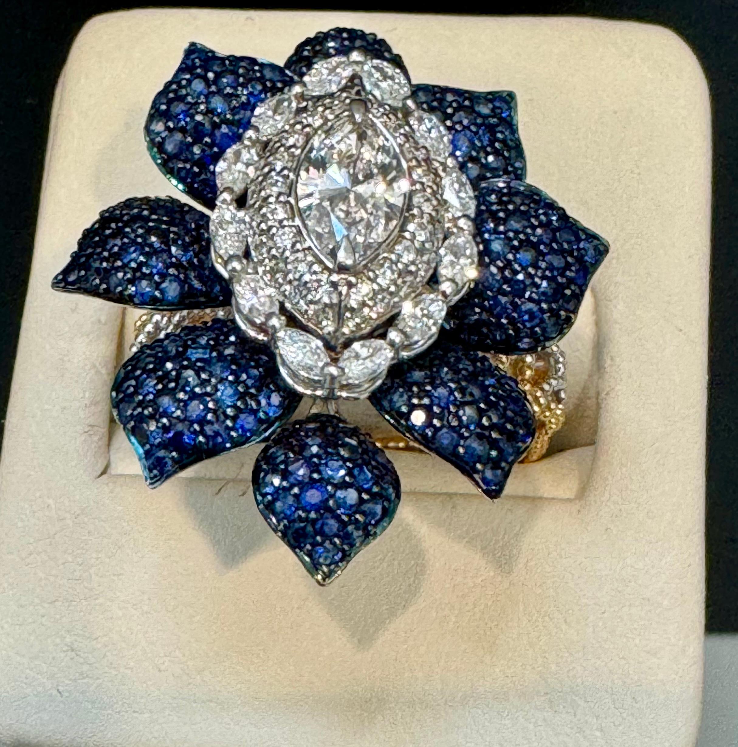 3 Ct Blue Sapphire & 1.5 Ct Diamond Flower Ring in 18 Kt Two Tone  Gold  Size7 In Excellent Condition For Sale In New York, NY