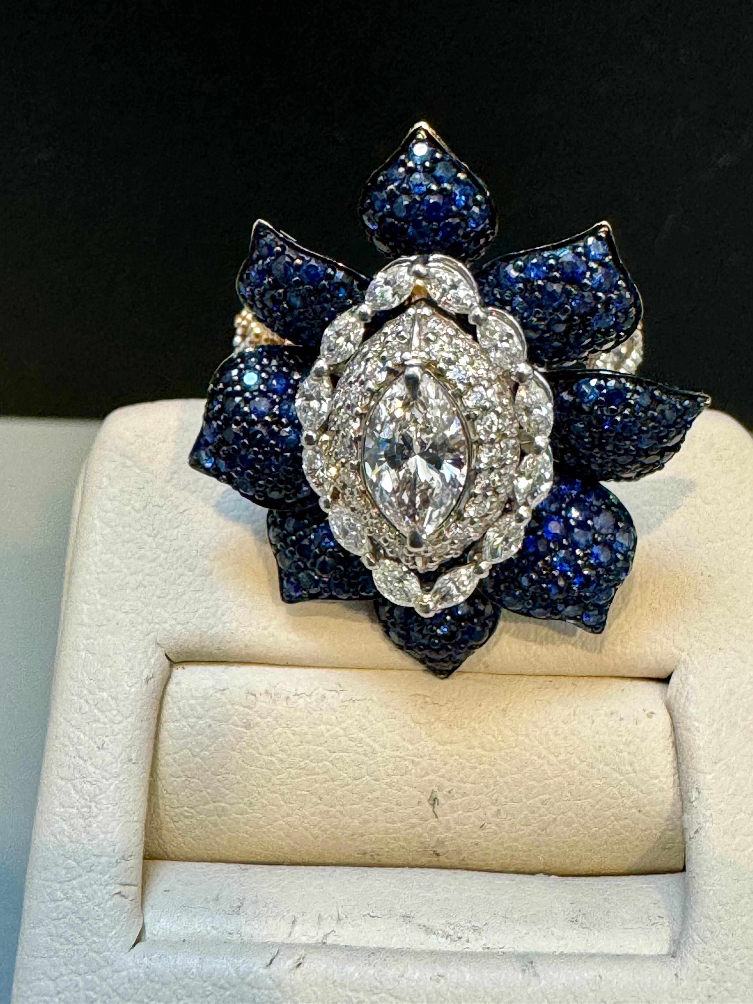 Women's 3 Ct Blue Sapphire & 1.5 Ct Diamond Flower Ring in 18 Kt Two Tone  Gold  Size7 For Sale