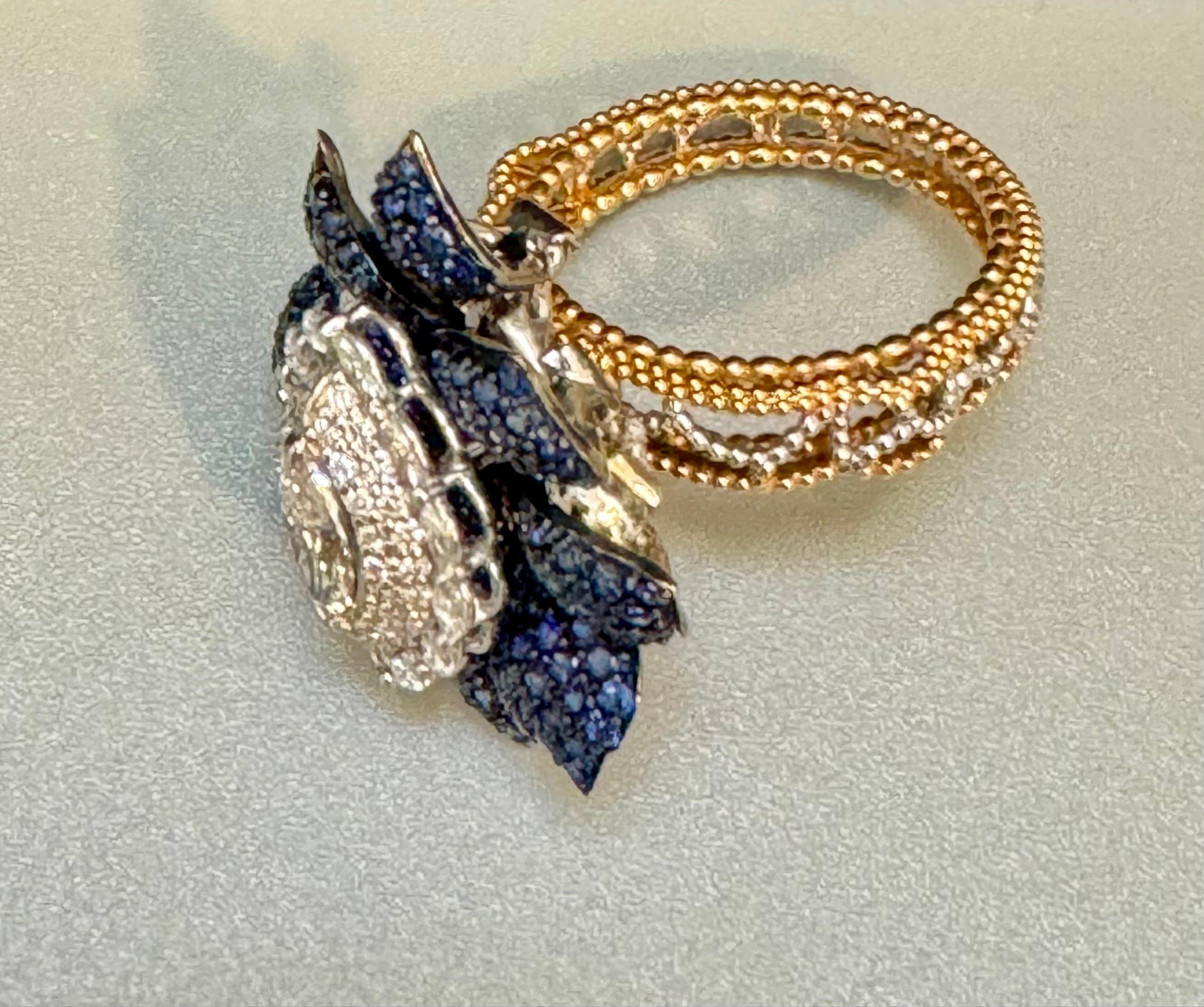 3 Karat Blauer Saphir & 1,5 Karat Diamant-Blumenring in 18 Kt Zweifarbigem Diamant  Gold  Größe7 im Angebot 1