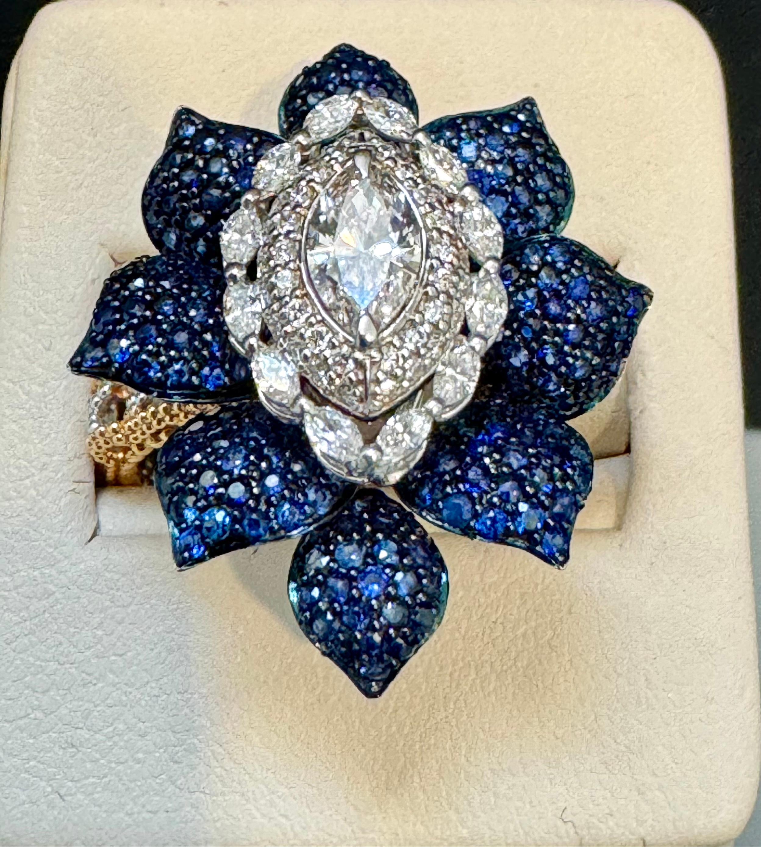3 Ct Blue Sapphire & 1.5 Ct Diamond Flower Ring in 18 Kt Two Tone  Gold  Size7 For Sale 2