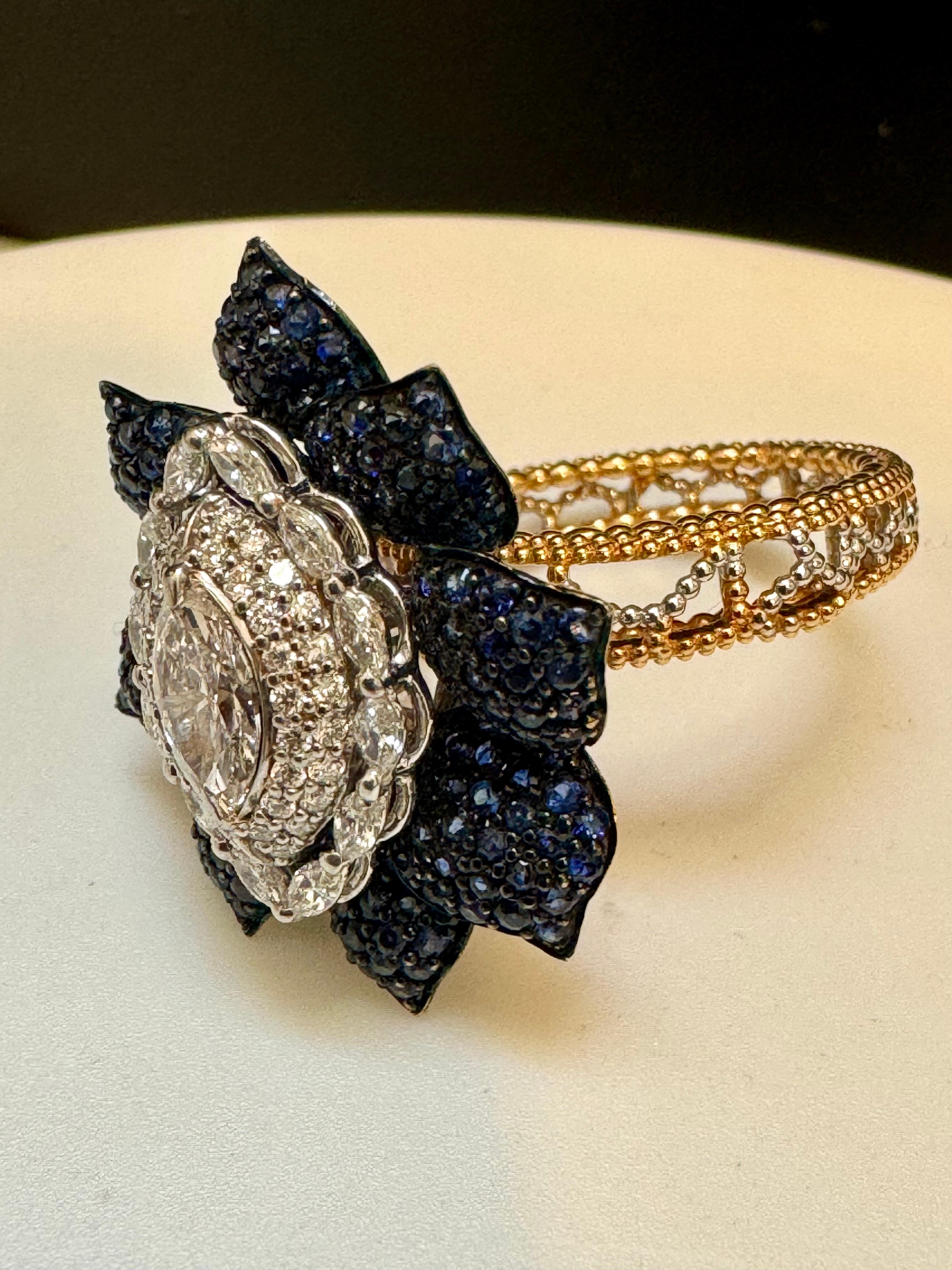 3 Ct Blue Sapphire & 1.5 Ct Diamond Flower Ring in 18 Kt Two Tone  Gold  Size7 For Sale 3