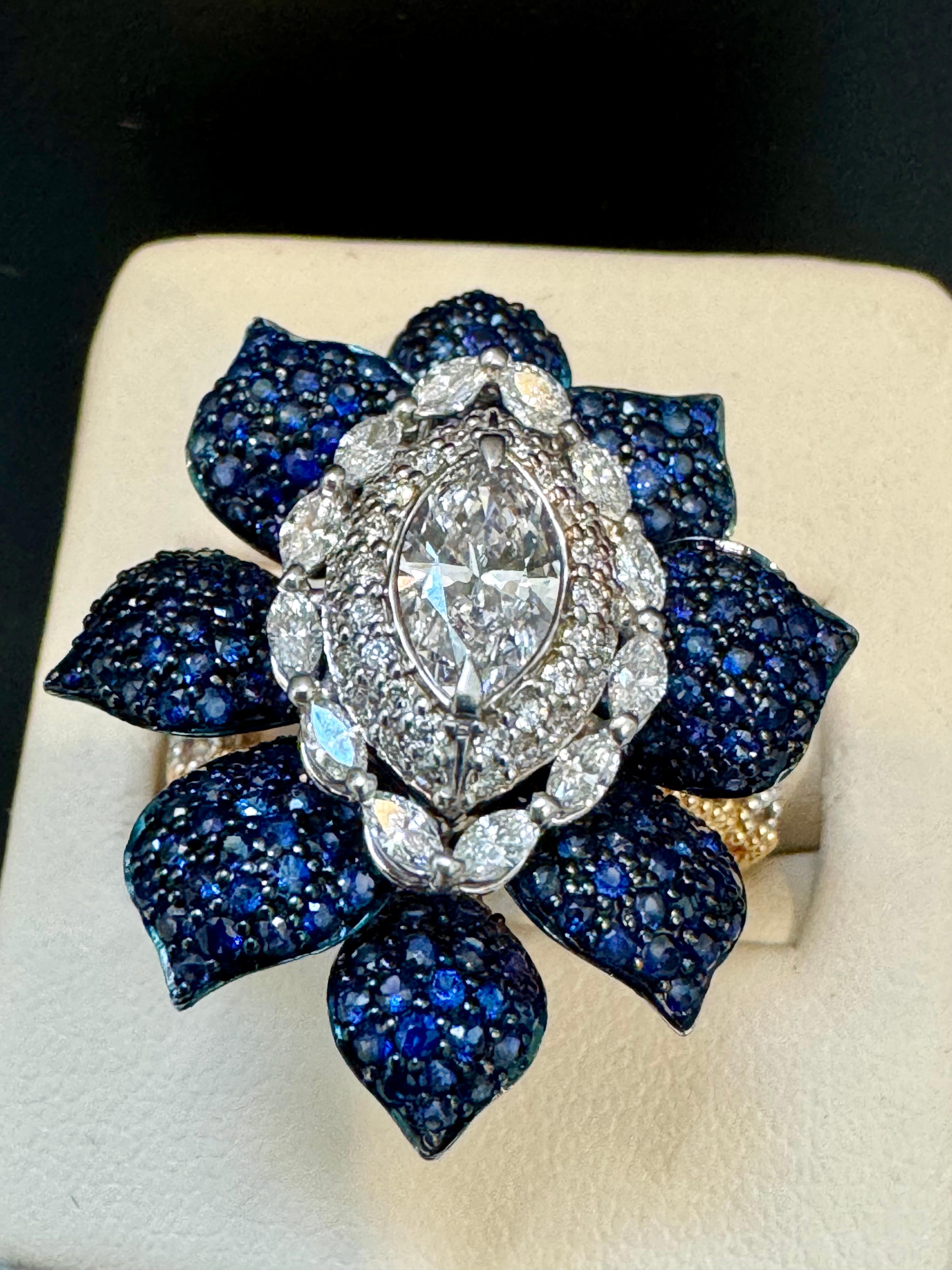 3 Ct Blue Sapphire & 1.5 Ct Diamond Flower Ring in 18 Kt Two Tone  Gold  Size7 For Sale 4