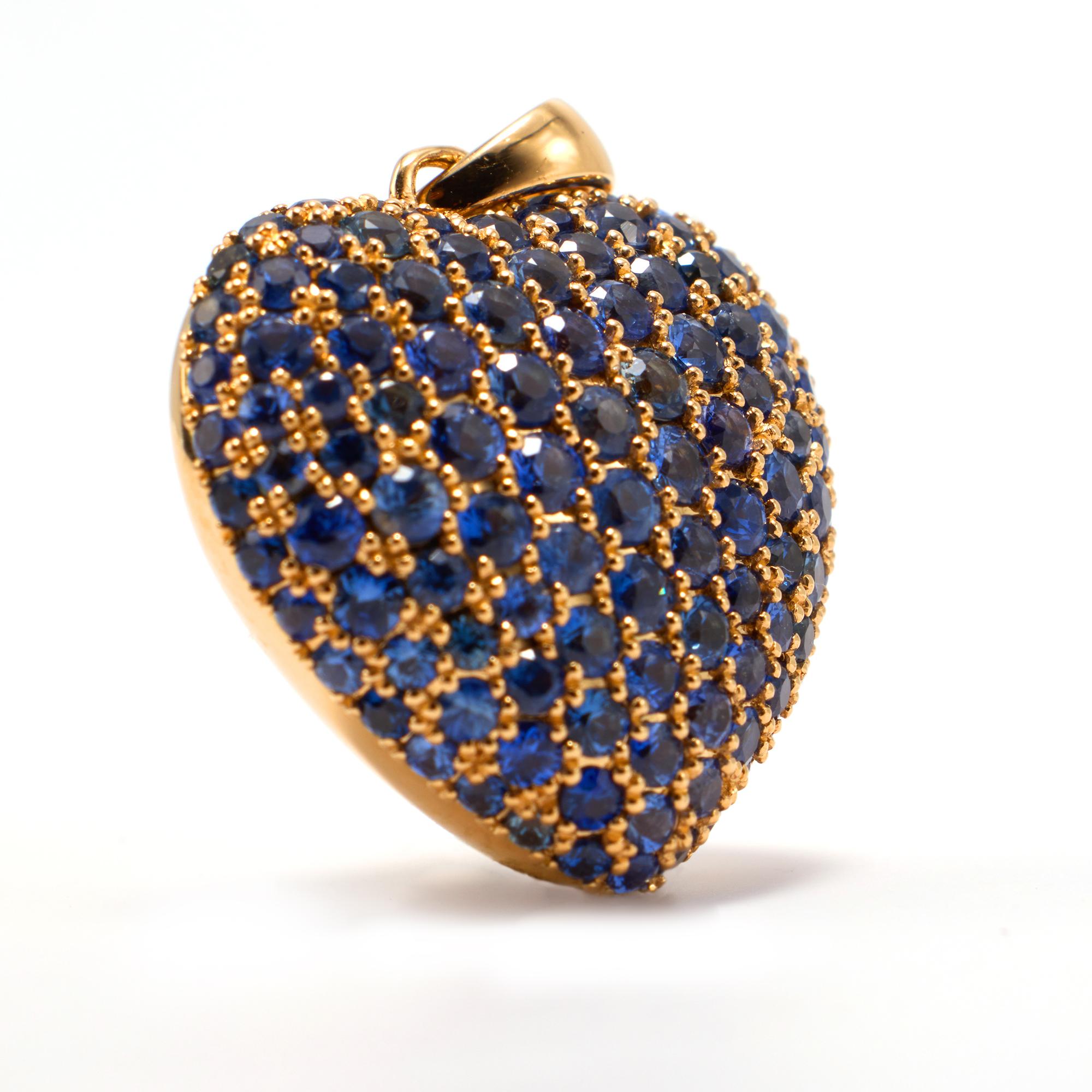 One of a kind natural blue sapphire heart shape pendant set in 18k gold. Special attention was paid to the proportions, shape and details of this pendant.  Every sapphire is natural mined, and hand selected to meet our strict grading standards. Over