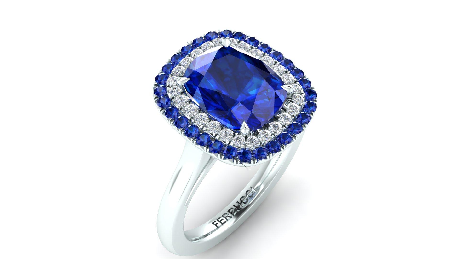 3 Karat blauer Saphir in der Mitte eines doppelten Saphir- und Diamantenhalos mit einem Gesamtgewicht von 0,25ct und einem ungefähren Karatgewicht von 0,10 Karat.
Auf Bestellung gefertigt, kann die Fingergröße perfekt angepasst werden
