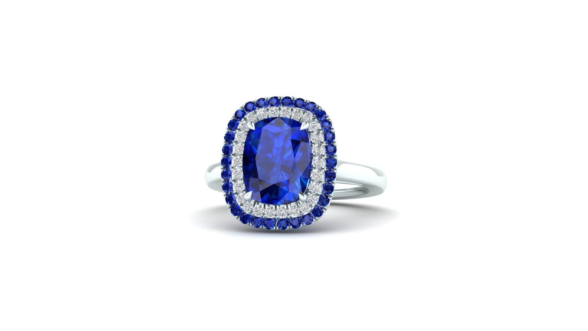 Art Nouveau 3 Ct Cushio Blue Sapphire with Sapphire and Diamond Halos Platinum Ring For Sale