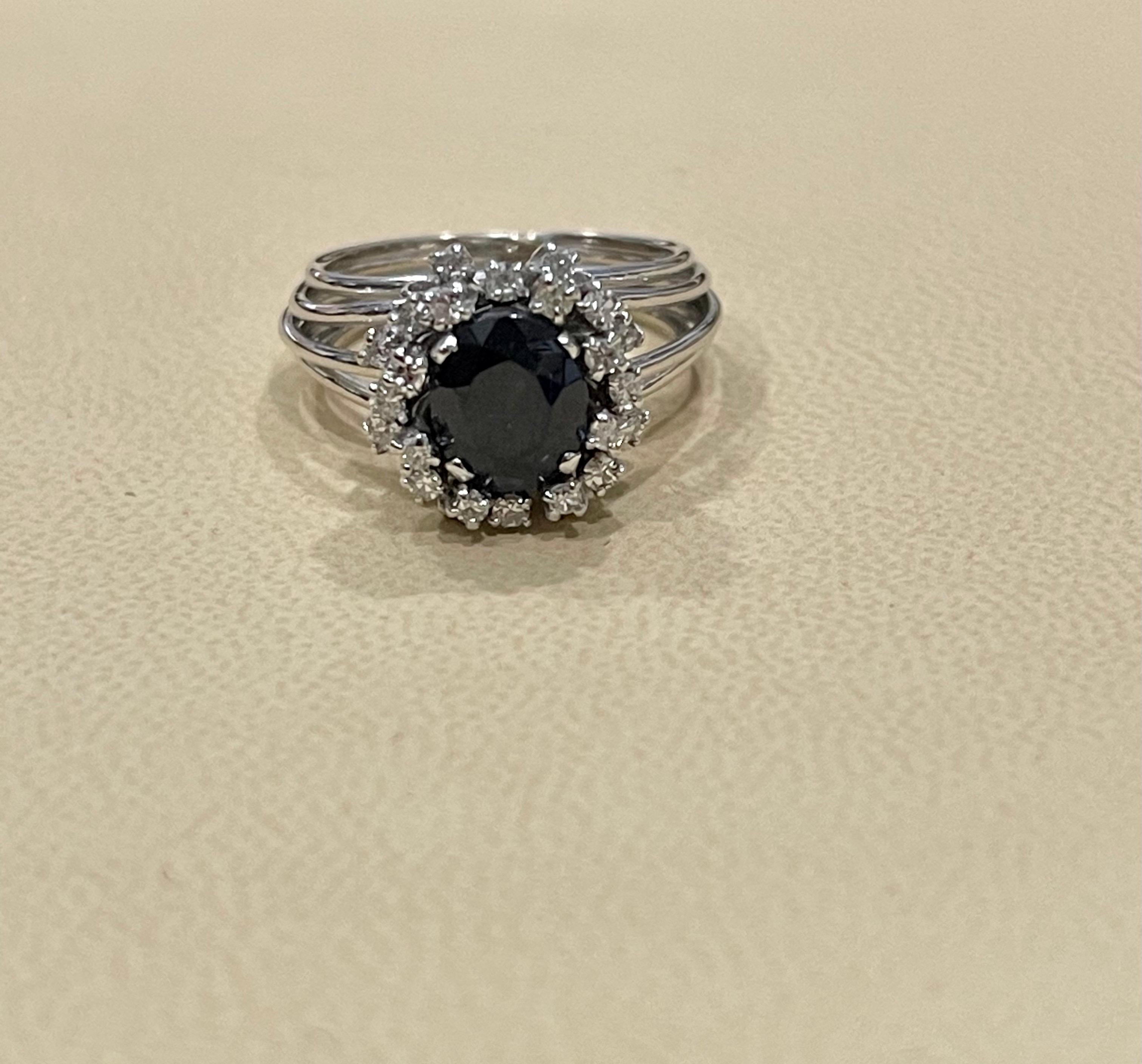 3 Ct Mid Night Blue Sapphire and 0.25 Ct Diamond Cocktail Ring, Platinum, Estate 5