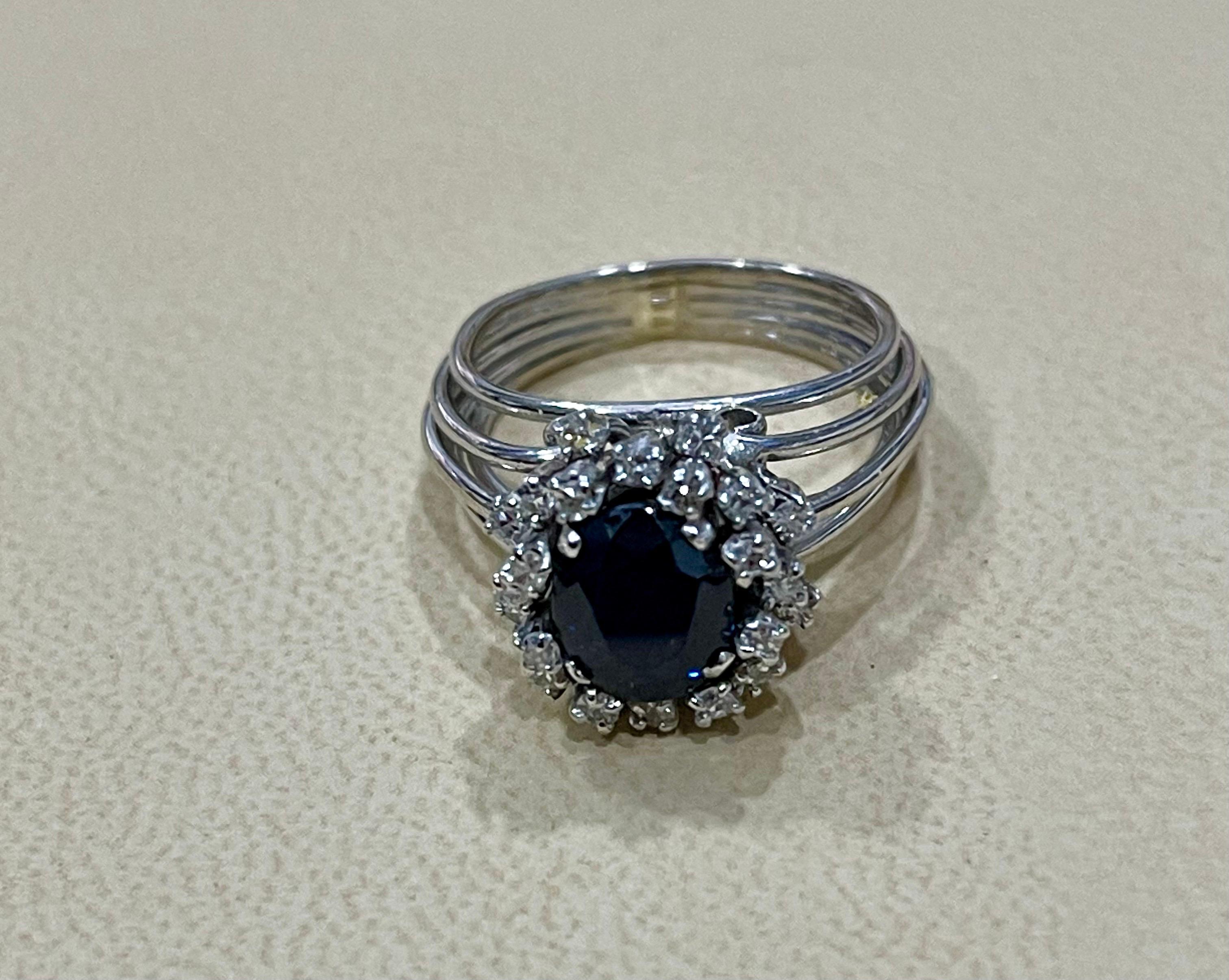 3 Ct Mid Night Blue Sapphire and 0.25 Ct Diamond Cocktail Ring, Platinum, Estate 6