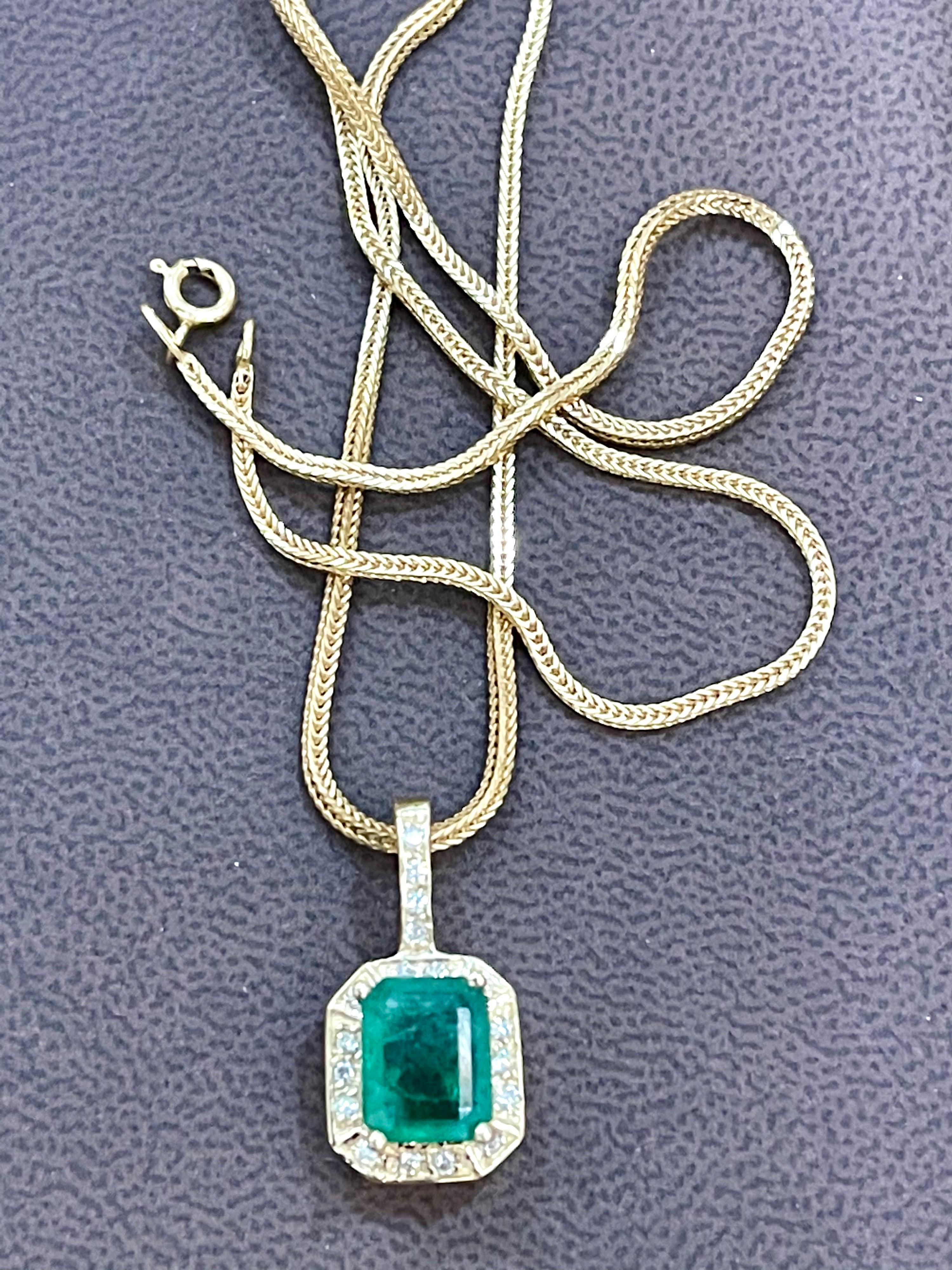 3 Ct Natural Emerald Cut Emerald & Diamond Pendant 14 Karat Yellow Gold Chain 10