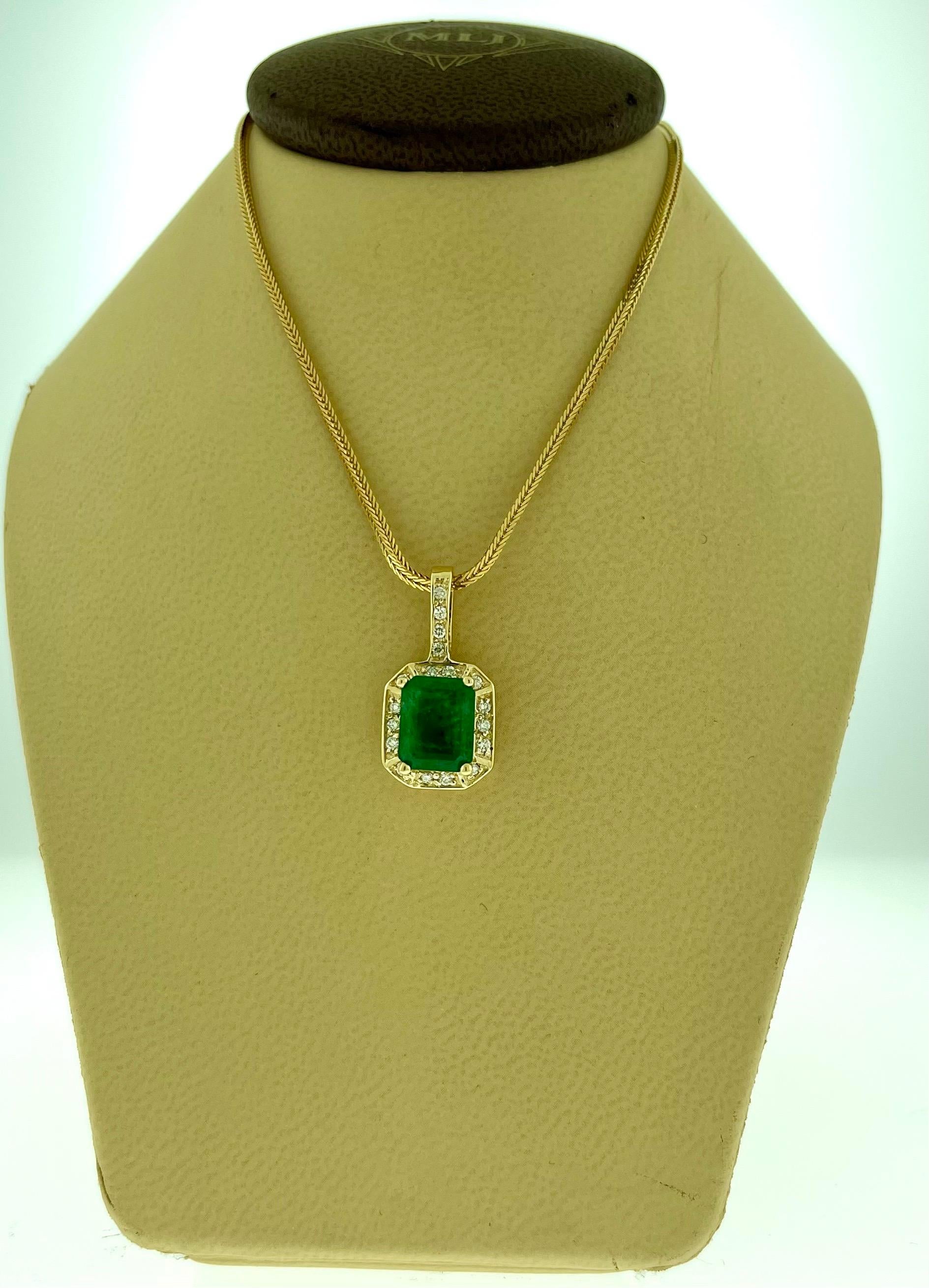 3 Ct Natural Emerald Cut Emerald & Diamond Pendant 14 Karat Yellow Gold Chain 11