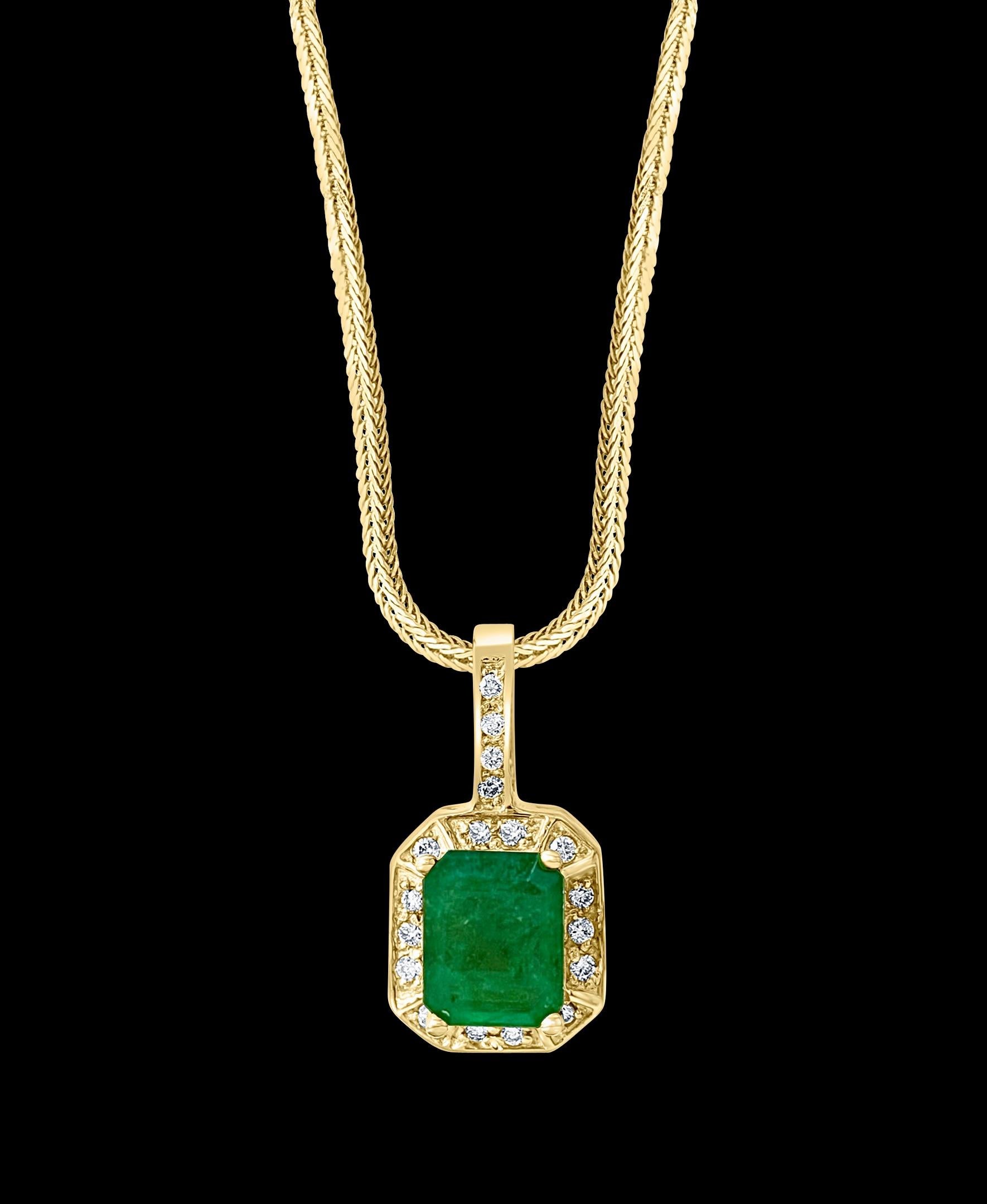 3 Ct Natural Emerald Cut Emerald & Diamond Pendant 14 Karat Yellow Gold Chain 7