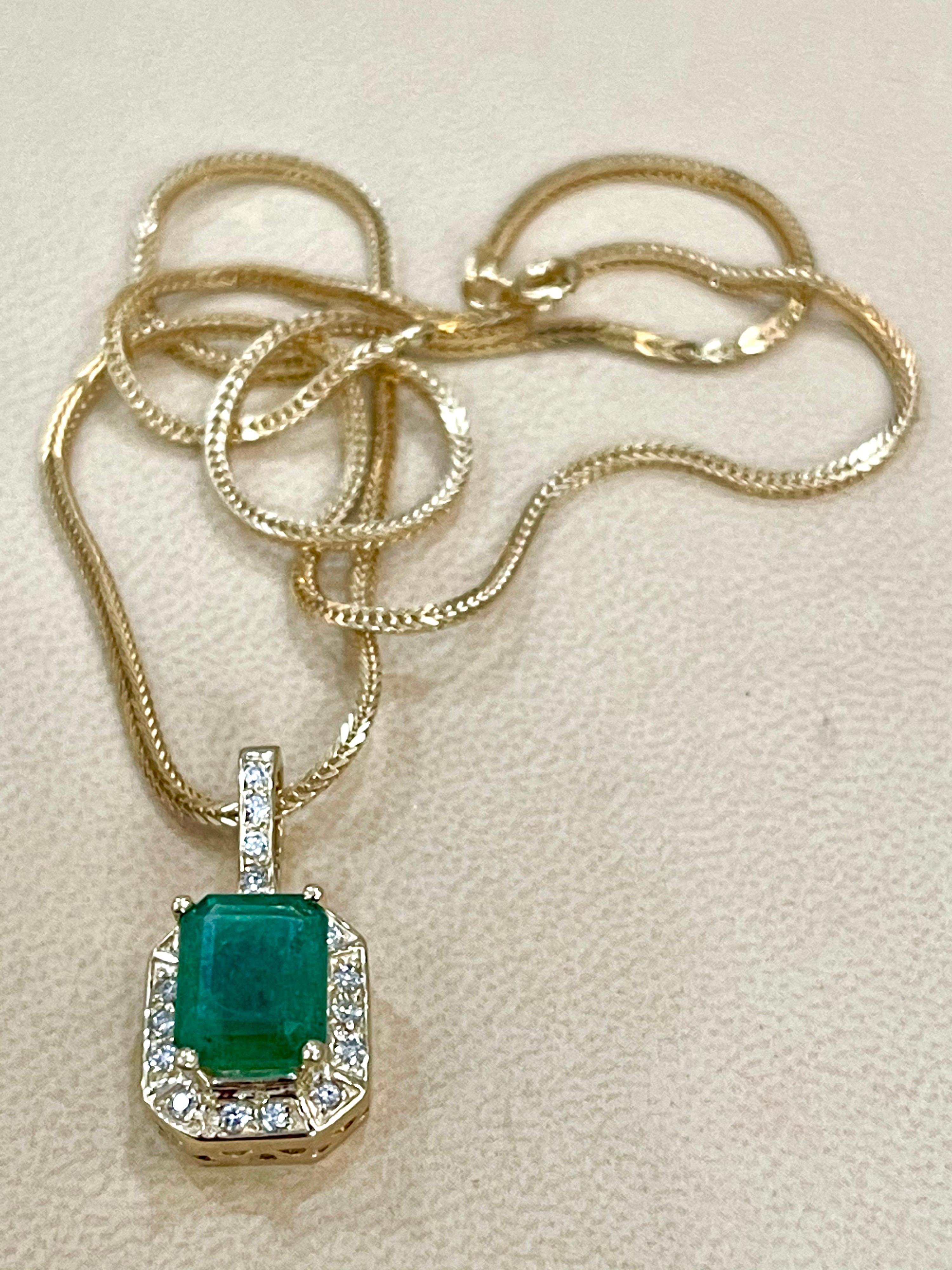 3 Ct Natural Emerald Cut Emerald & Diamond Pendant 14 Karat Yellow Gold Chain 12