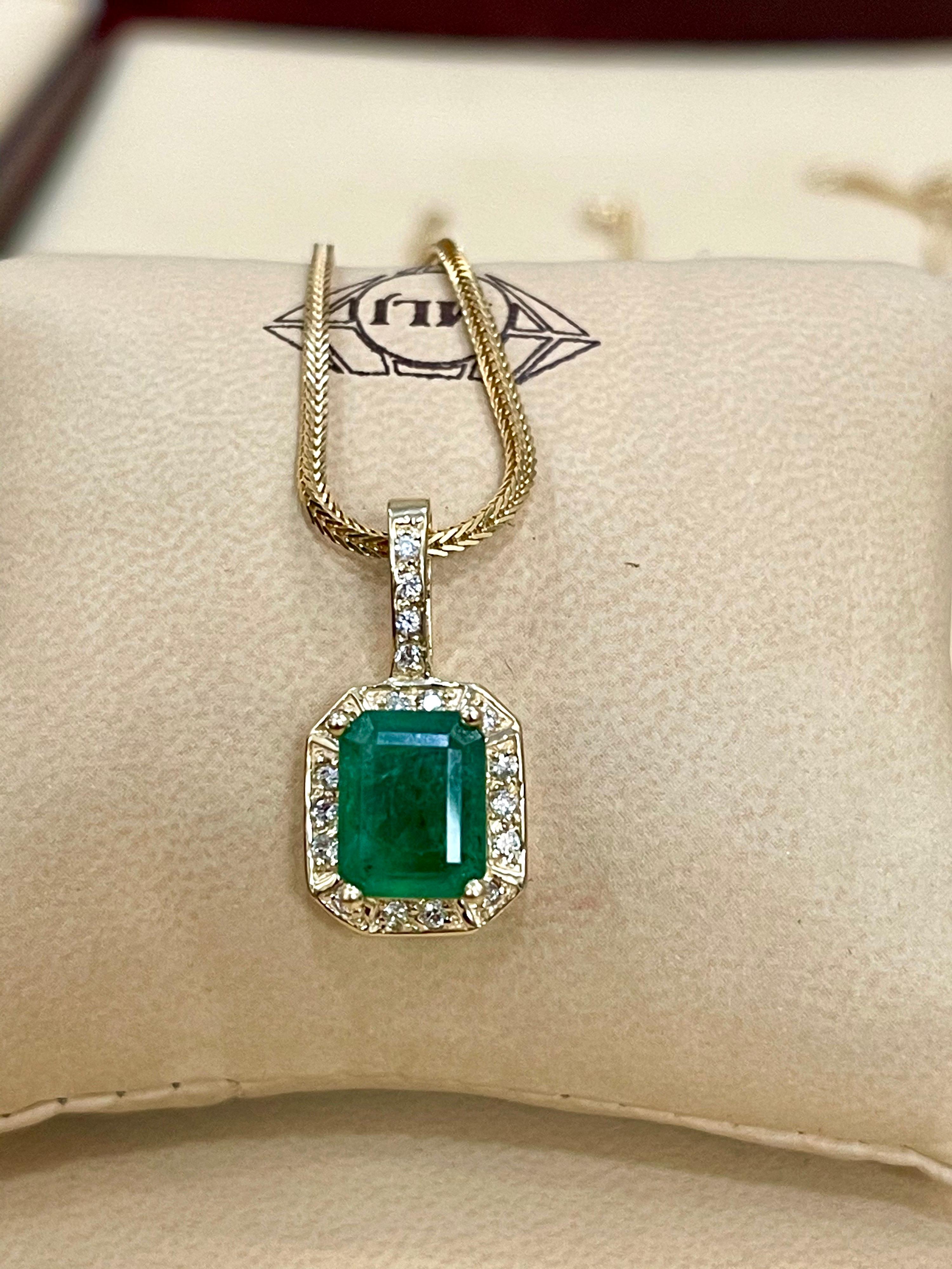 3 Ct Natural Emerald Cut Emerald & Diamond Pendant 14 Karat Yellow Gold Chain 13