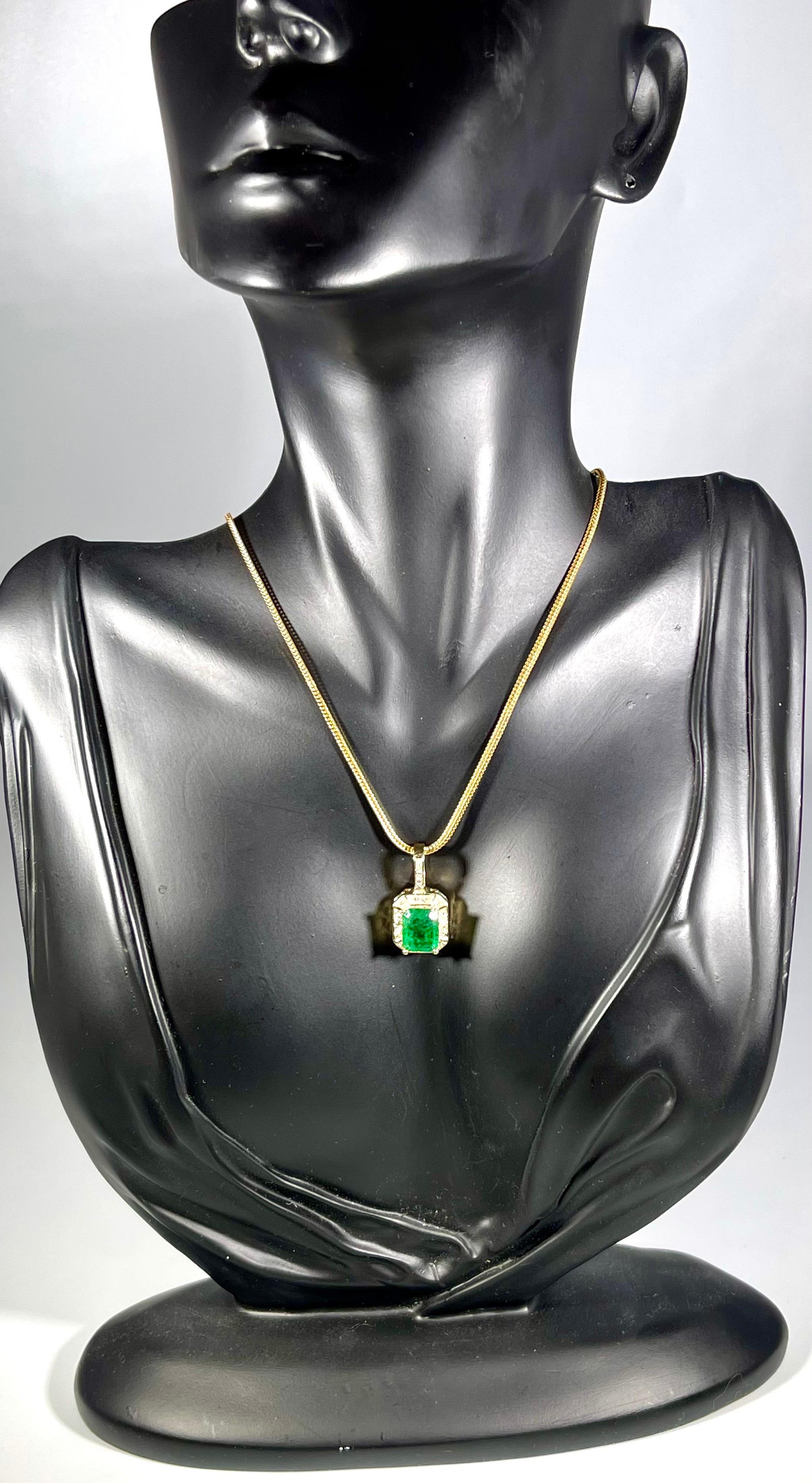 3 Ct Natural Emerald Cut Emerald & Diamond Pendant 14 Karat Yellow Gold Chain 1