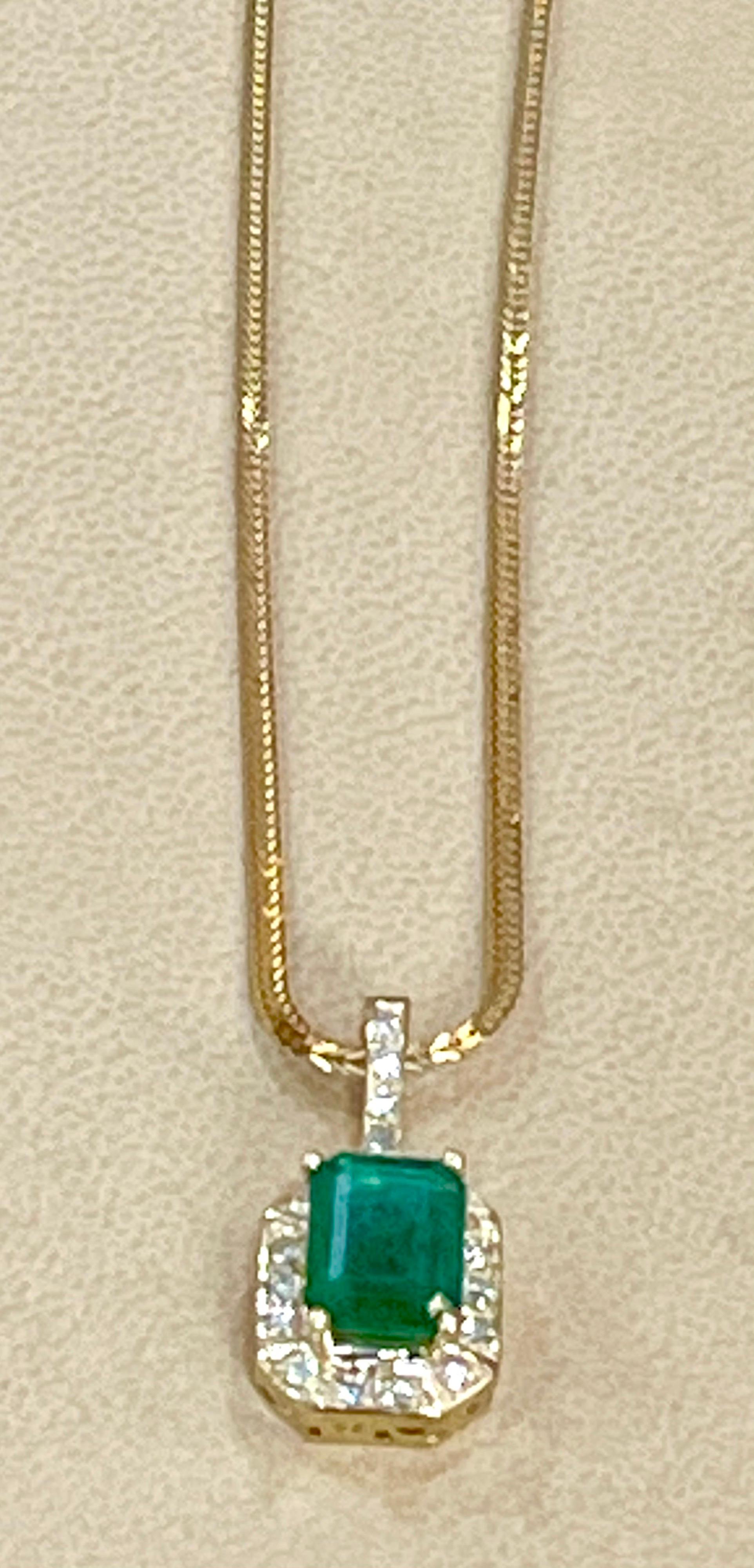 3 Ct Natural Emerald Cut Emerald & Diamond Pendant 14 Karat Yellow Gold Chain 2