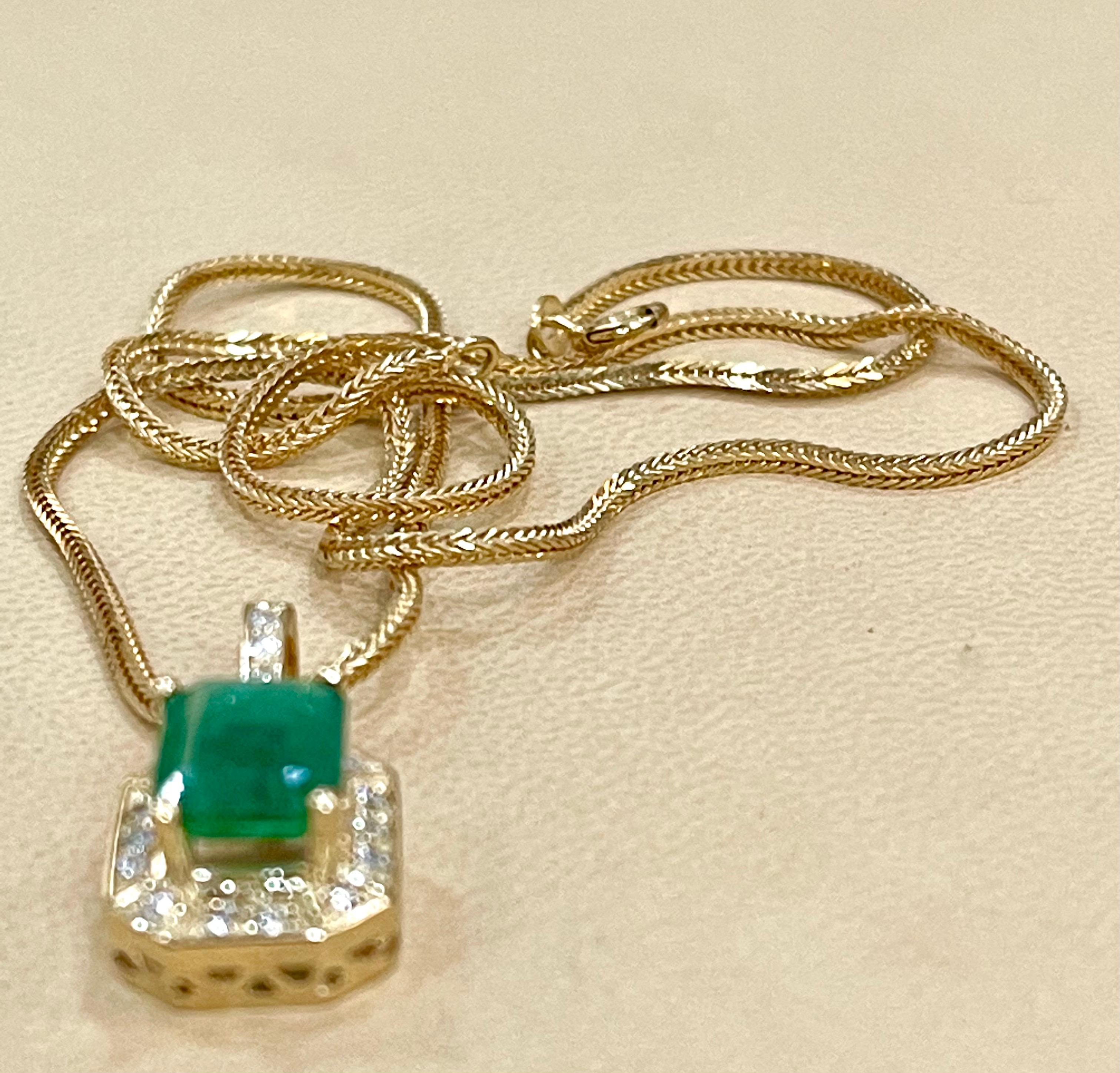 3 Ct Natural Emerald Cut Emerald & Diamond Pendant 14 Karat Yellow Gold Chain 4