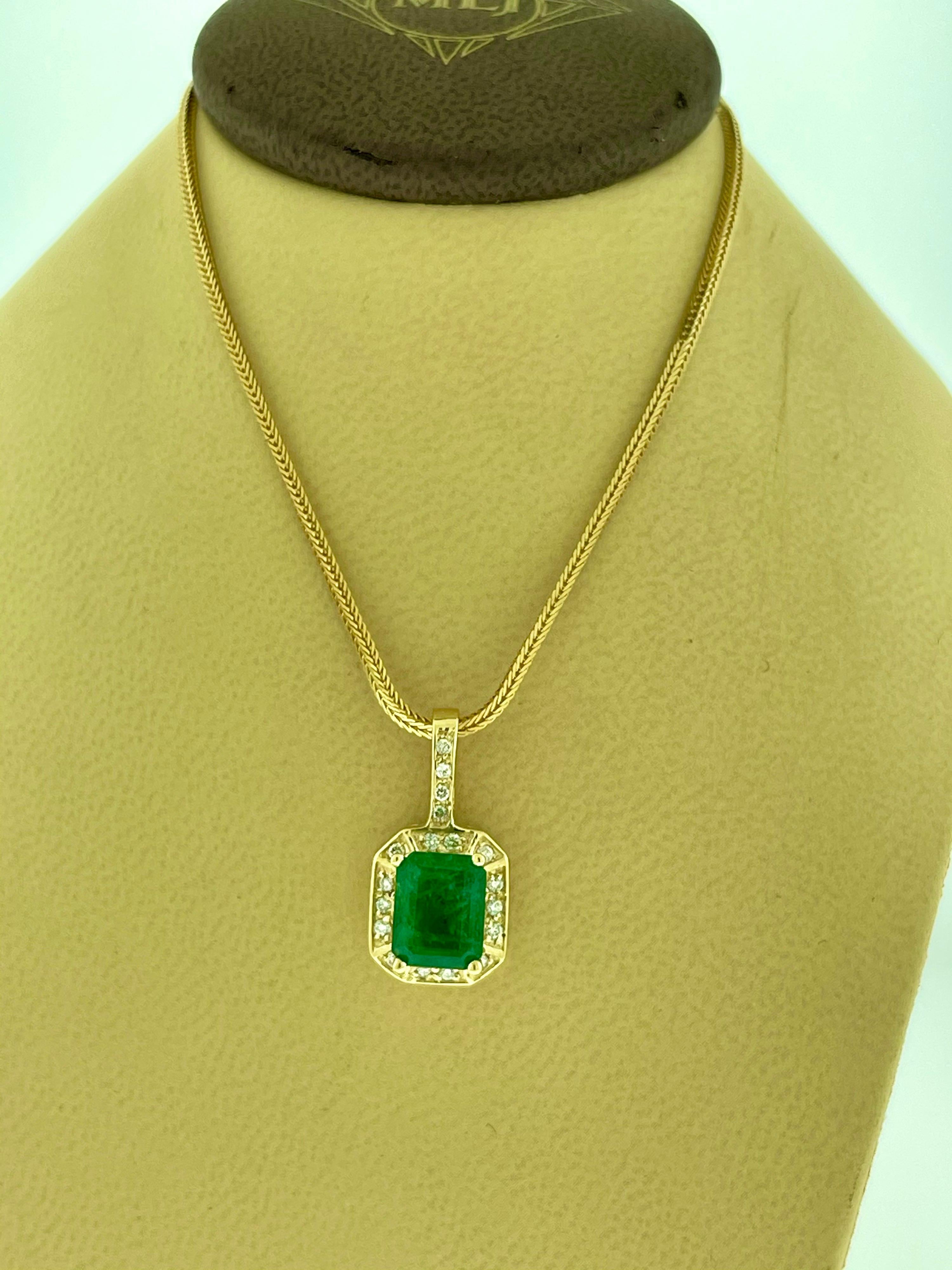 3 Ct Natural Emerald Cut Emerald & Diamond Pendant 14 Karat Yellow Gold Chain 5