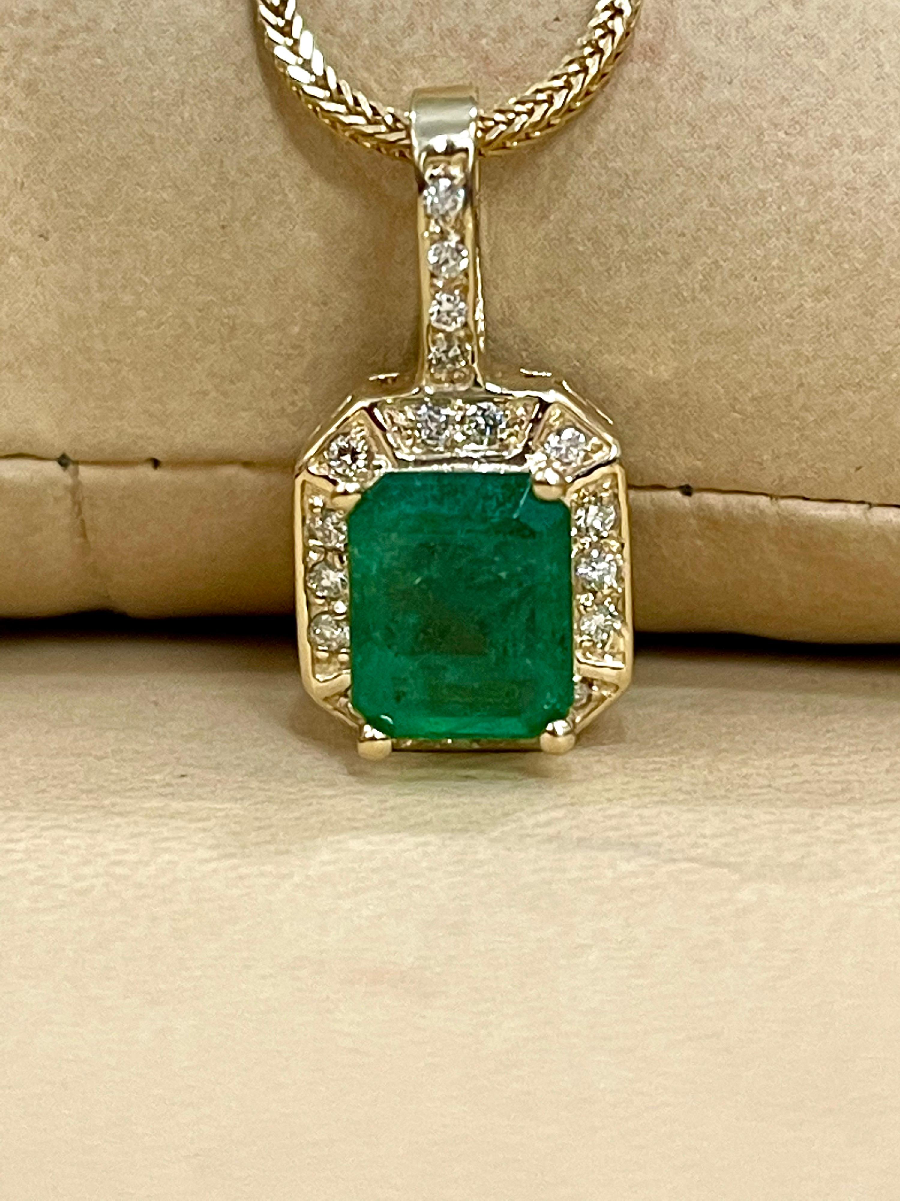 3 Ct Natural Emerald Cut Emerald & Diamond Pendant 14 Karat Yellow Gold Chain 6