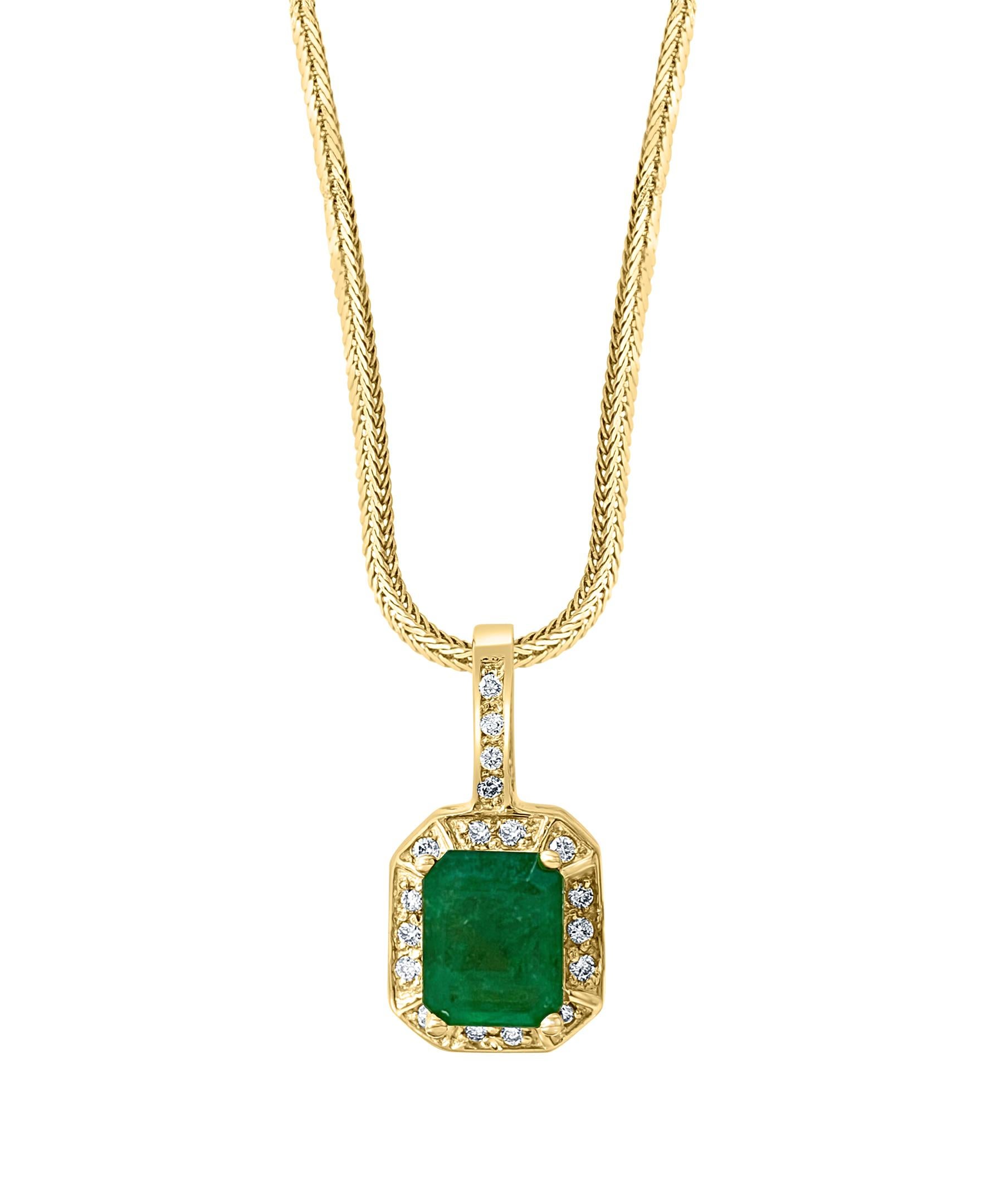 3 Ct Natural Emerald Cut Emerald & Diamond Pendant 14 Karat Yellow Gold Chain 3