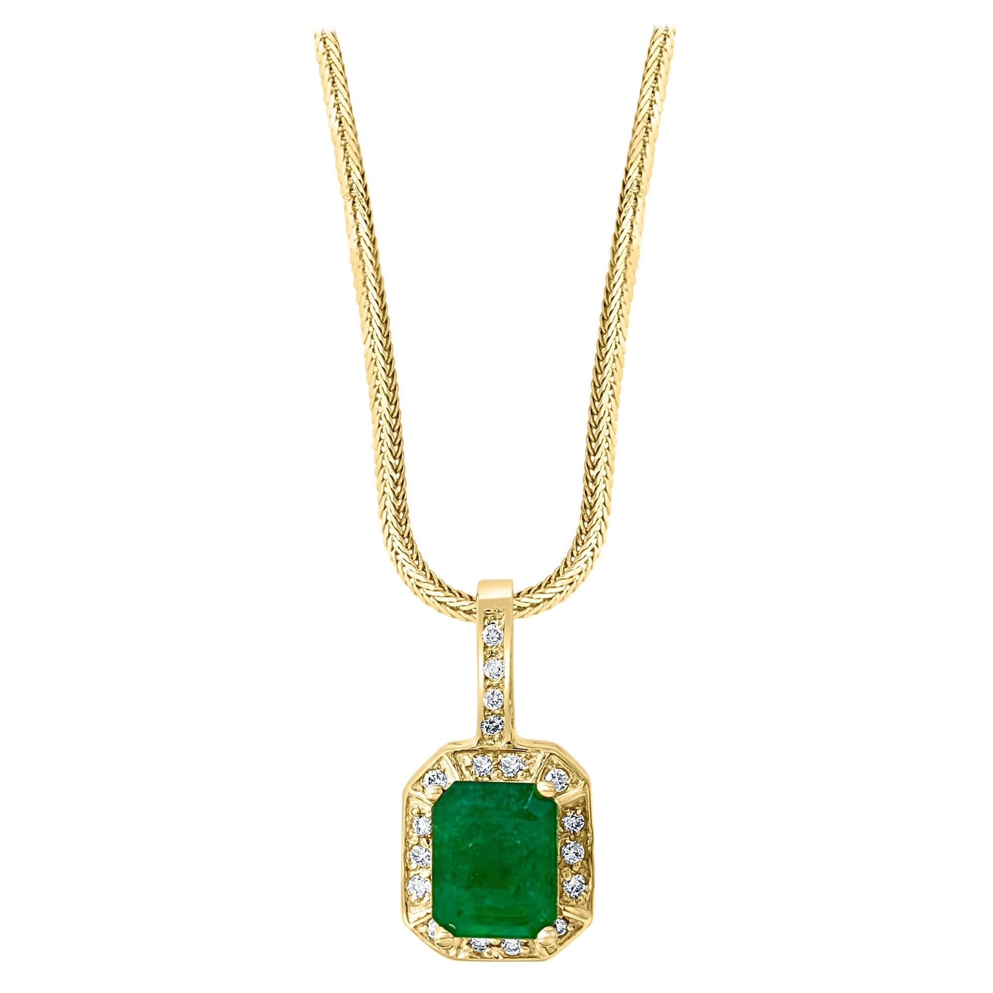3 Ct Natural Emerald Cut Emerald & Diamond Pendant 14 Karat Yellow Gold Chain