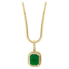 3 Ct Natural Emerald Cut Emerald & Diamond Pendant 14 Karat Yellow Gold Chain