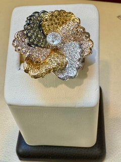 3 Ct Natural Fancy Color Diamond Flower Ring in 18 Karat Multi Color Gold Size 6