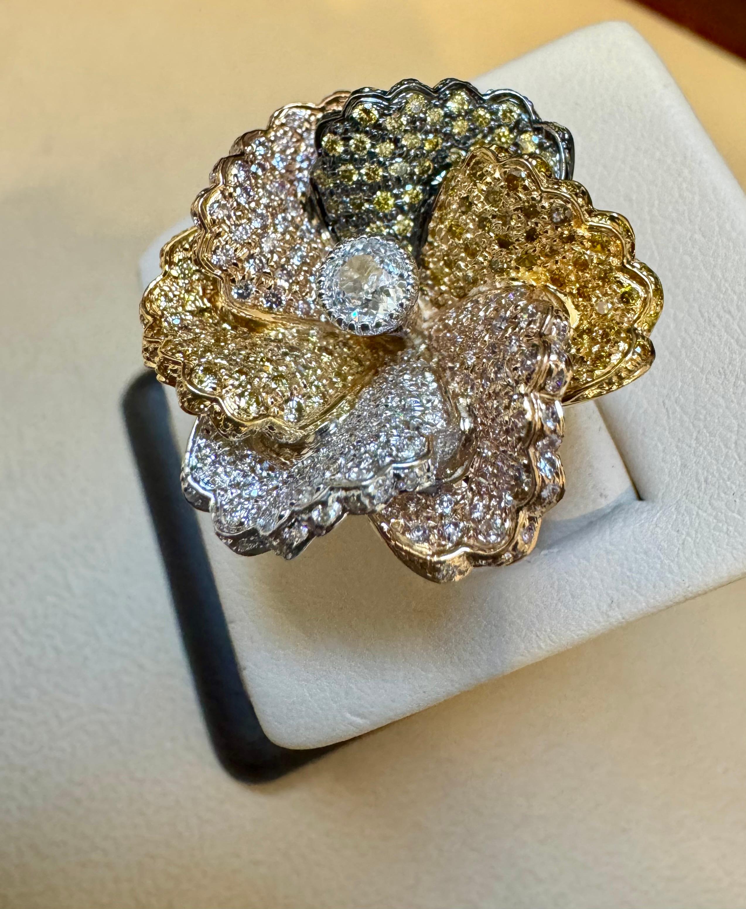 3 Ct Natural Fancy Color Diamond Flower Ring in 18 Karat Multi Color Gold Size 6 For Sale 2