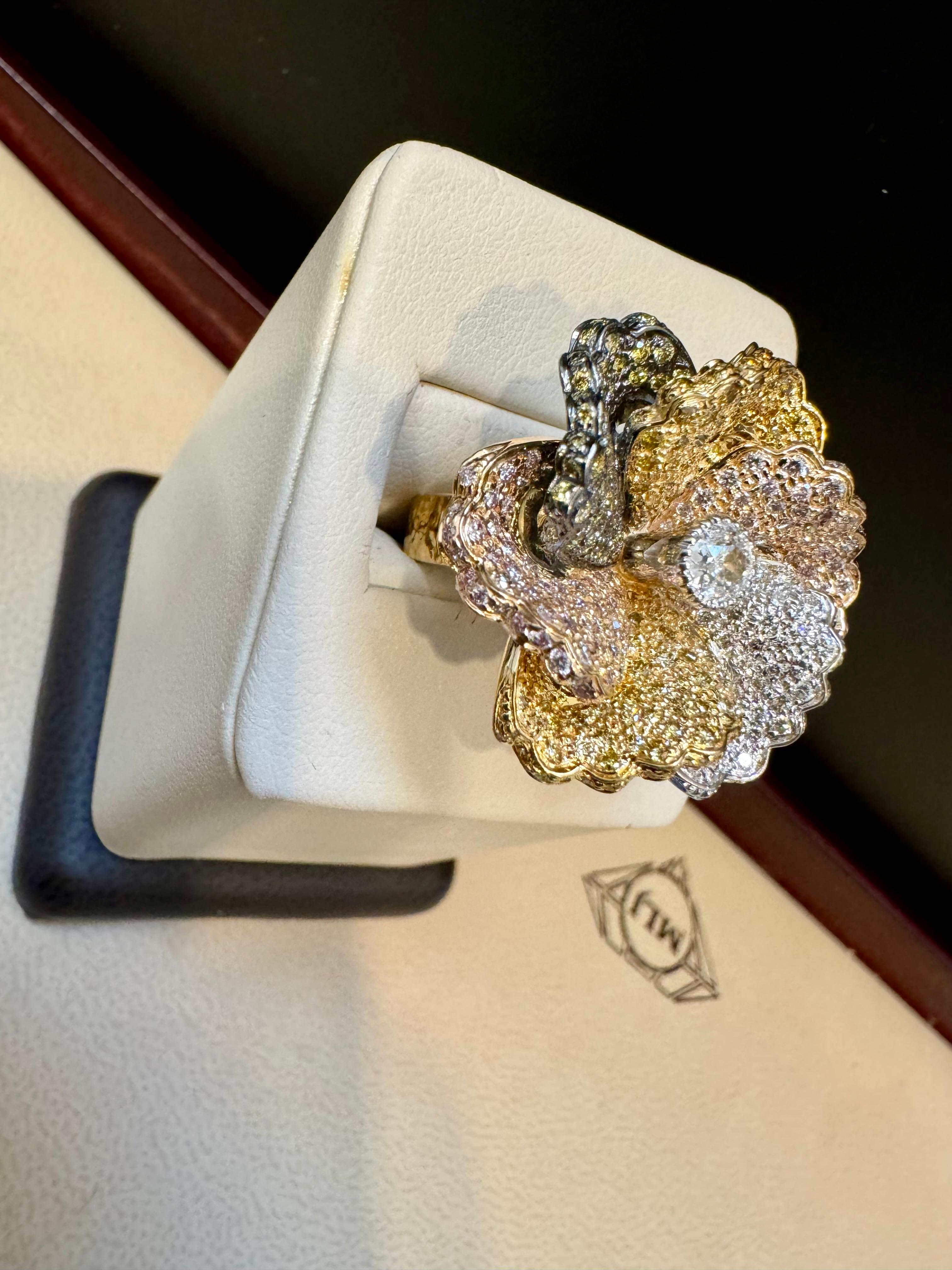 3 Ct Natural Fancy Color Diamond Flower Ring in 18 Karat Multi Color Gold Size 6 For Sale 4