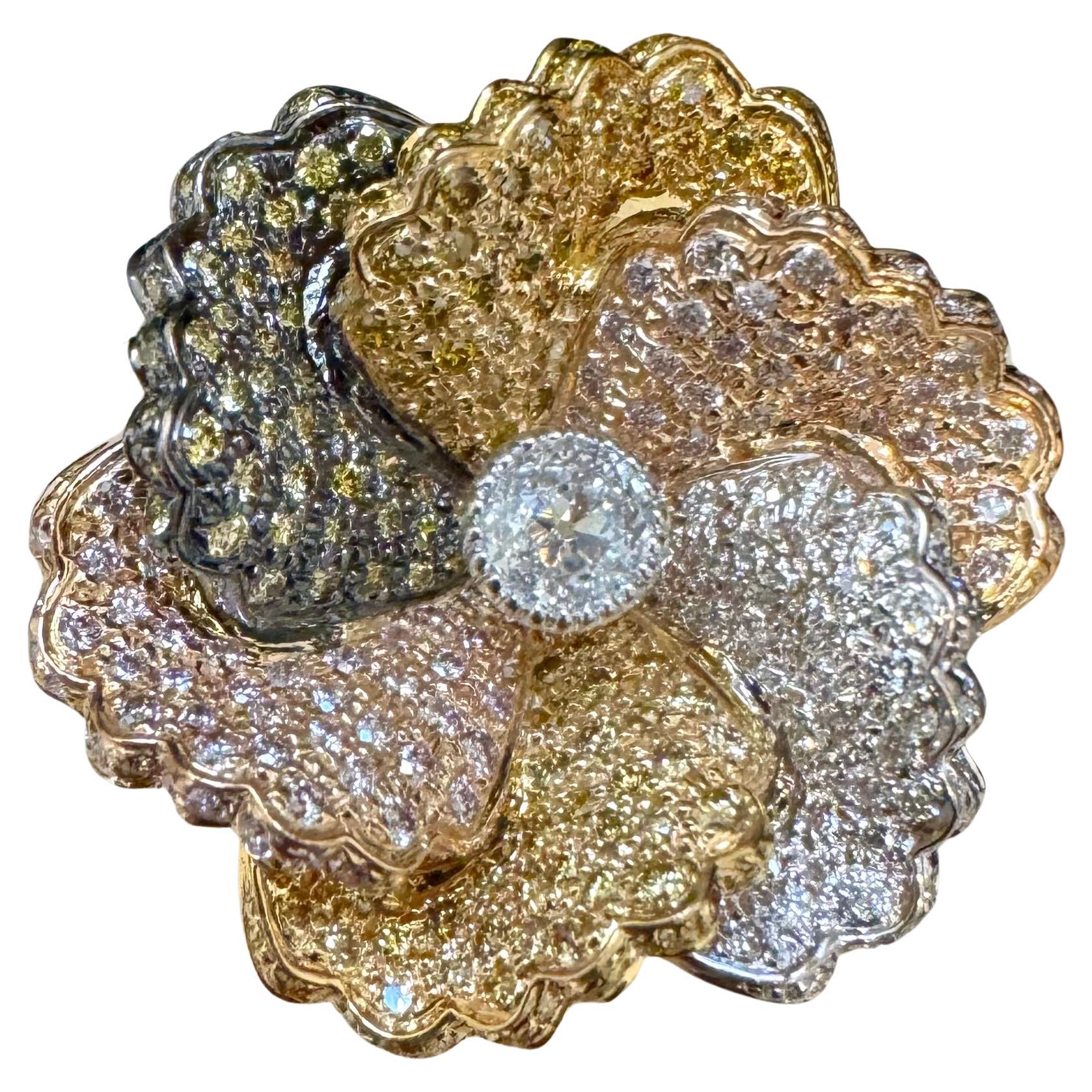 3 Ct Natural Fancy Color Diamond Flower Ring in 18 Karat Multi Color Gold Size 6 For Sale