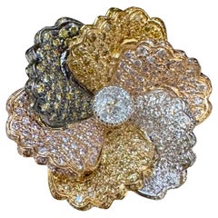 Bague fleur en or 18 carats multicolore avec diamants naturels de couleur fantaisie 3 carats, taille 6