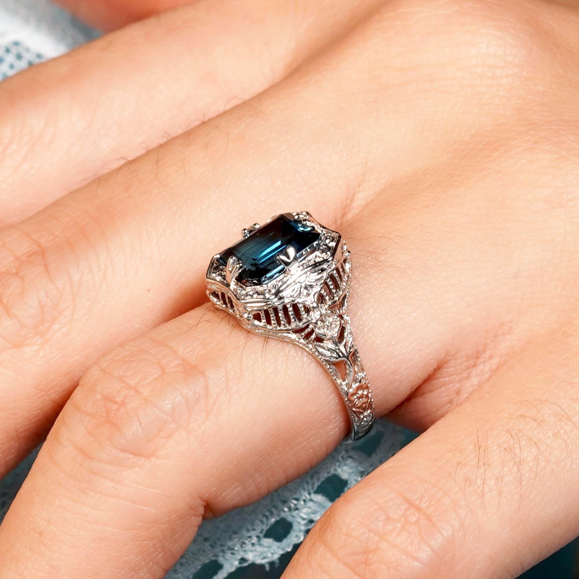 For Sale:  3 Ct. Natural London Blue Topaz Vintage Style Floral Filigree Ring in 9K Gold 10