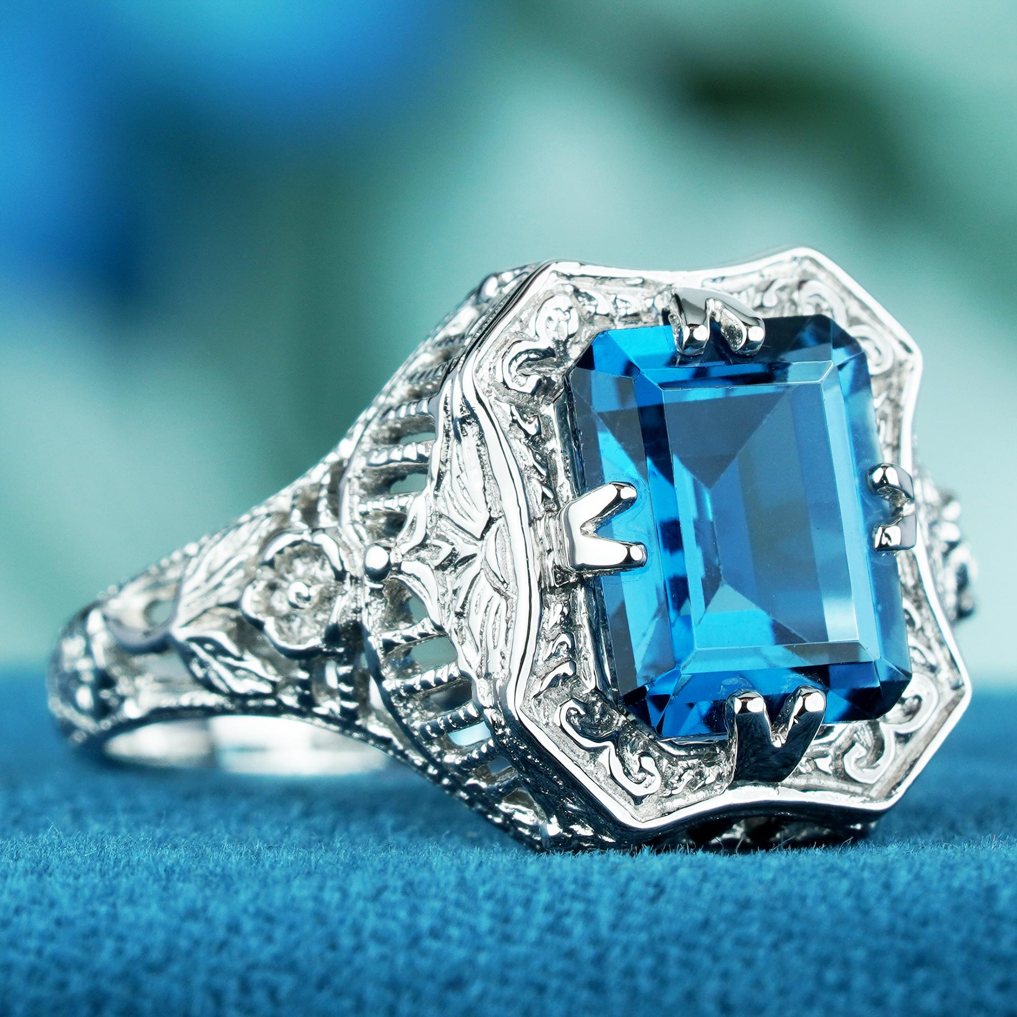 En vente :  3 Ct. Bague filigrane florale vintage en or 9 carats avec topaze bleue naturelle de Londres 2