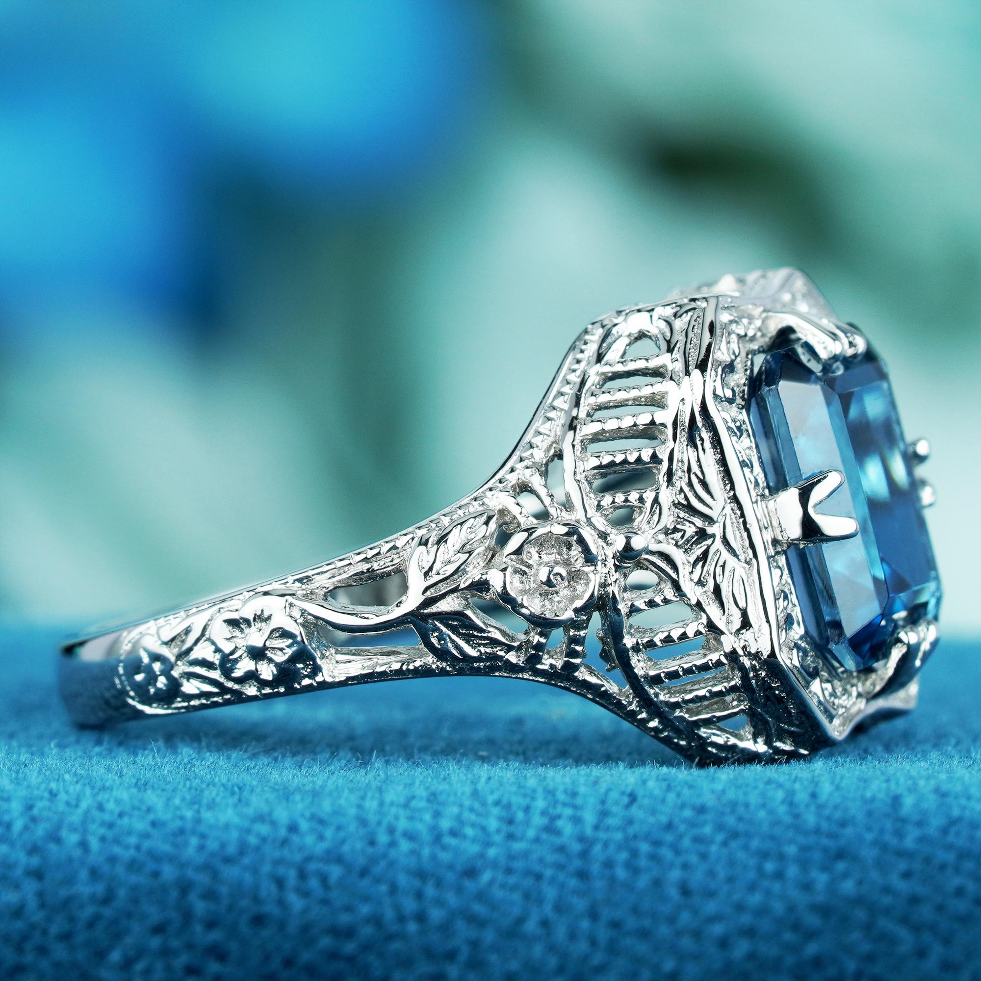 En vente :  3 Ct. Bague filigrane florale vintage en or 9 carats avec topaze bleue naturelle de Londres 4