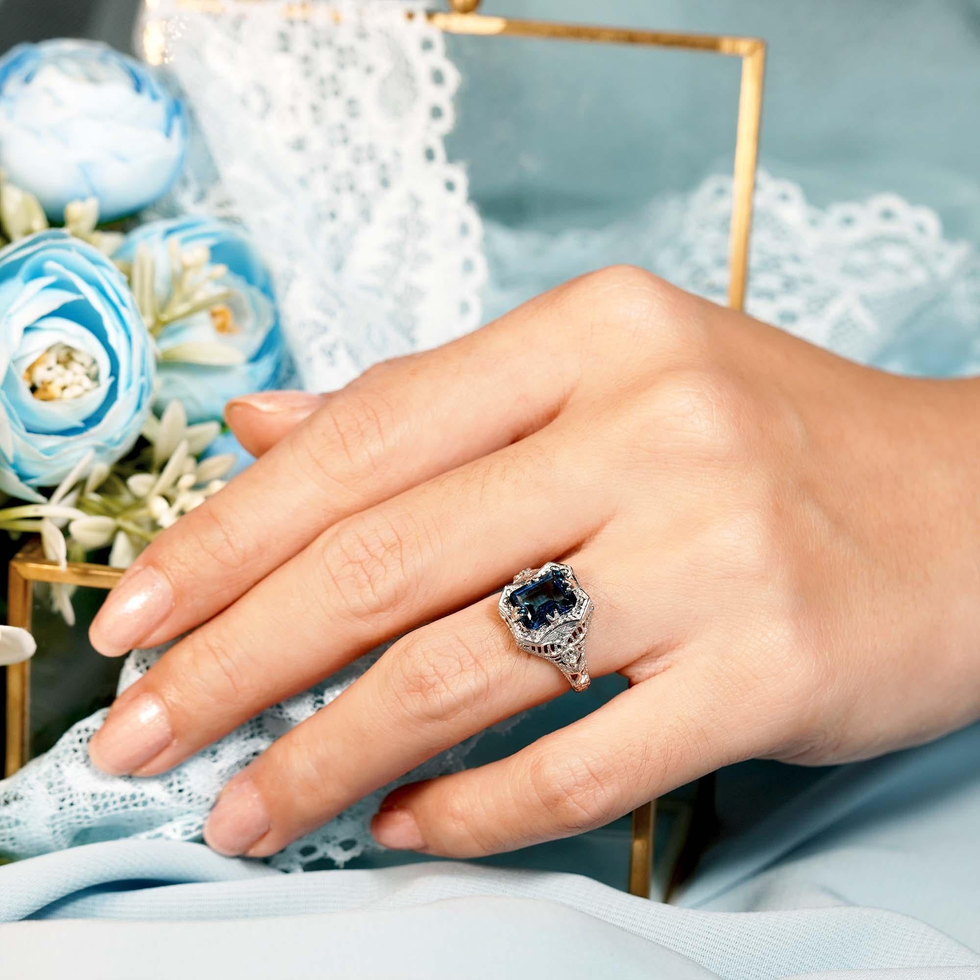 For Sale:  3 Ct. Natural London Blue Topaz Vintage Style Floral Filigree Ring in 9K Gold 7