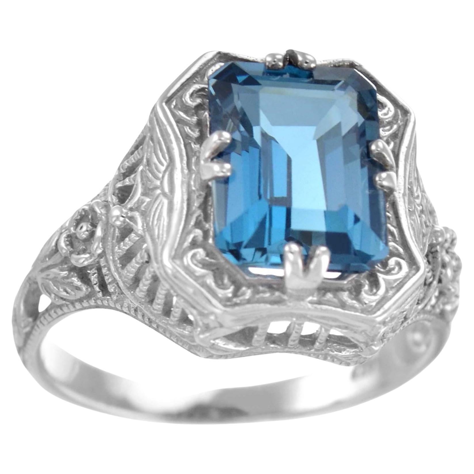 For Sale:  3 Ct. Natural London Blue Topaz Vintage Style Floral Filigree Ring in 9K Gold