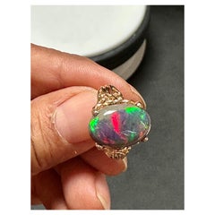 3 Ct Oval Shape Black Australian Opal Cocktail Ring 14 Kt Yellow Gold , Unisex