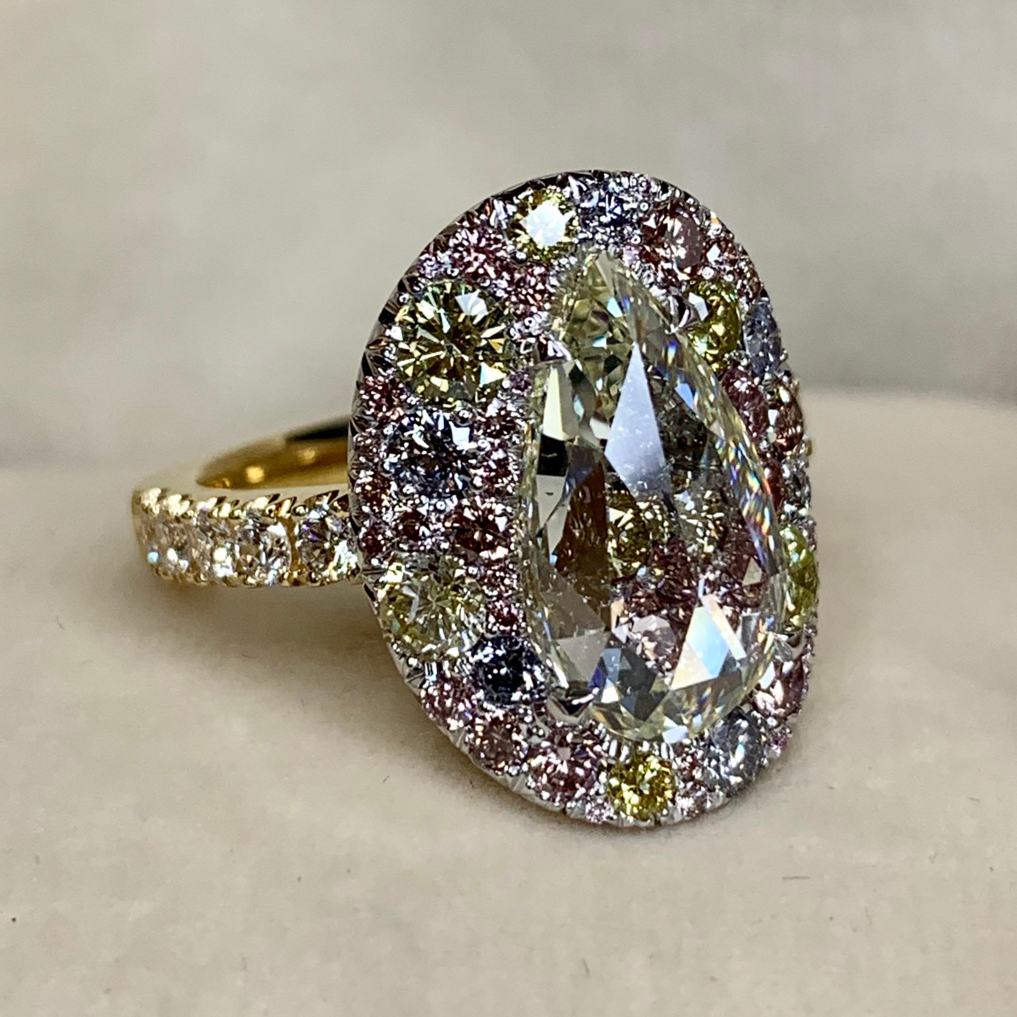 3 Ct. Pear Shape Rose-cut Diamond, Pink, Blue, Yellow Diamond Pave Cocktail Ring 1