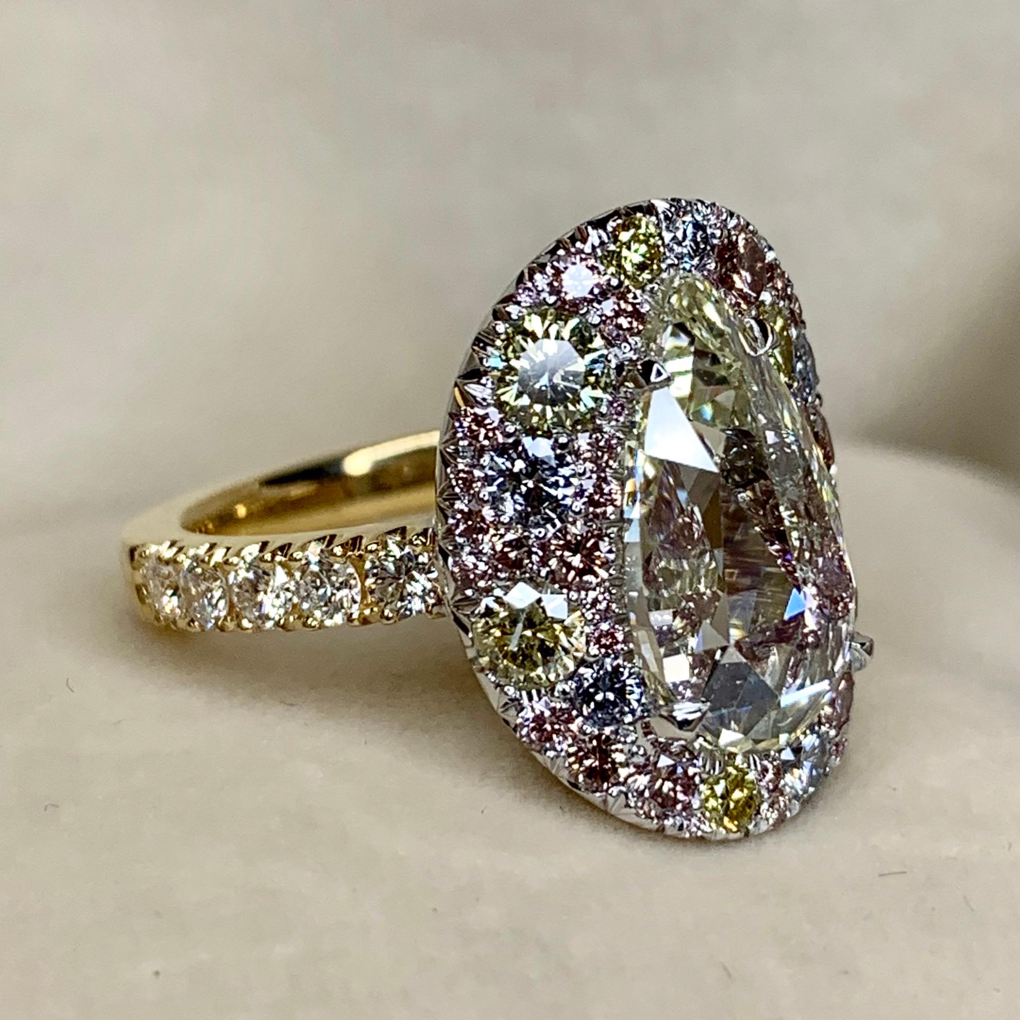 Women's 3 Ct. Pear Shape Rose-cut Diamond, Pink, Blue, Yellow Diamond Pave Cocktail Ring