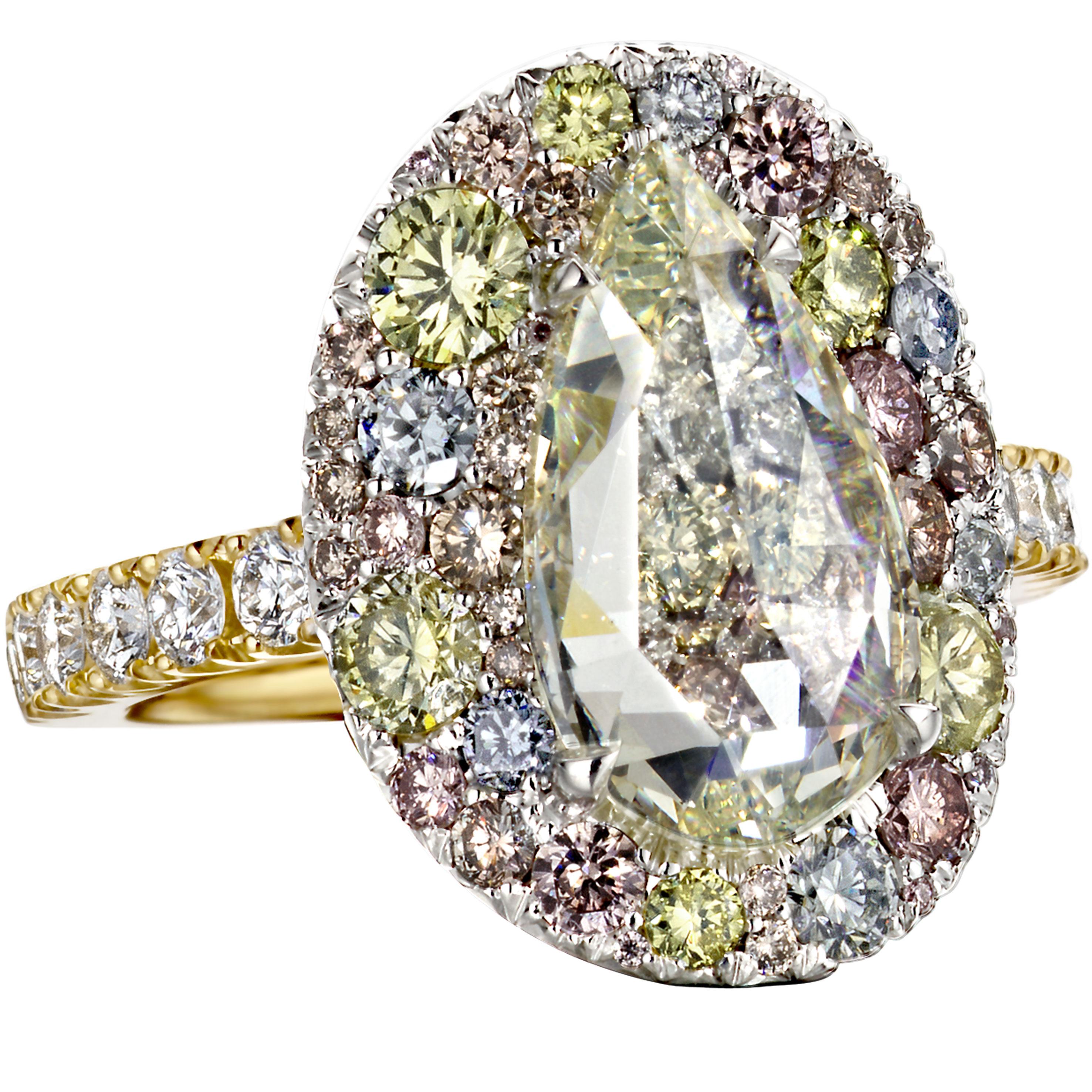 3 Ct. Pear Shape Rose-cut Diamond, Pink, Blue, Yellow Diamond Pave Cocktail Ring