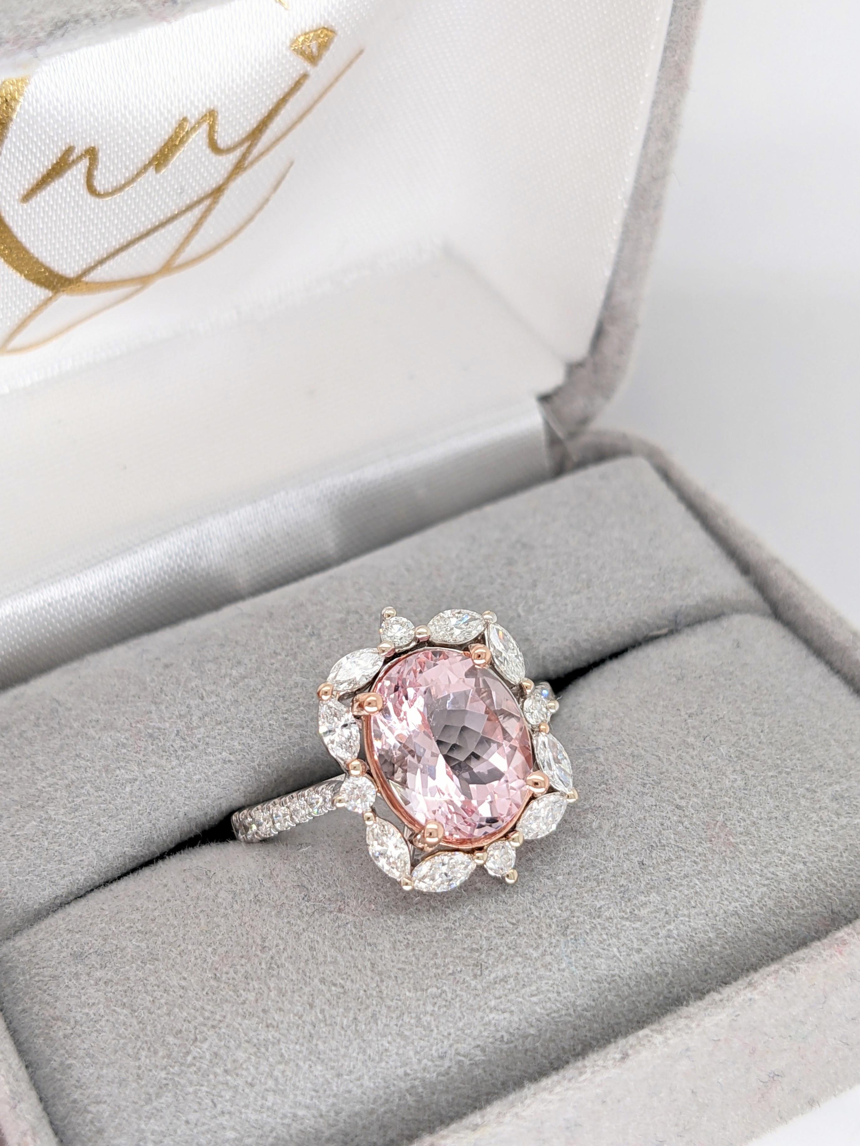 Art Deco 3 ct Pink Morganite and Diamond Ring in Solid 14K Dual White/Rose Gold Oval 11x9