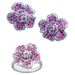 3 Ct Pink Sapphire & 0.8 Ct Diamond 14 Kt White Gold Flower Ring & Earring Set