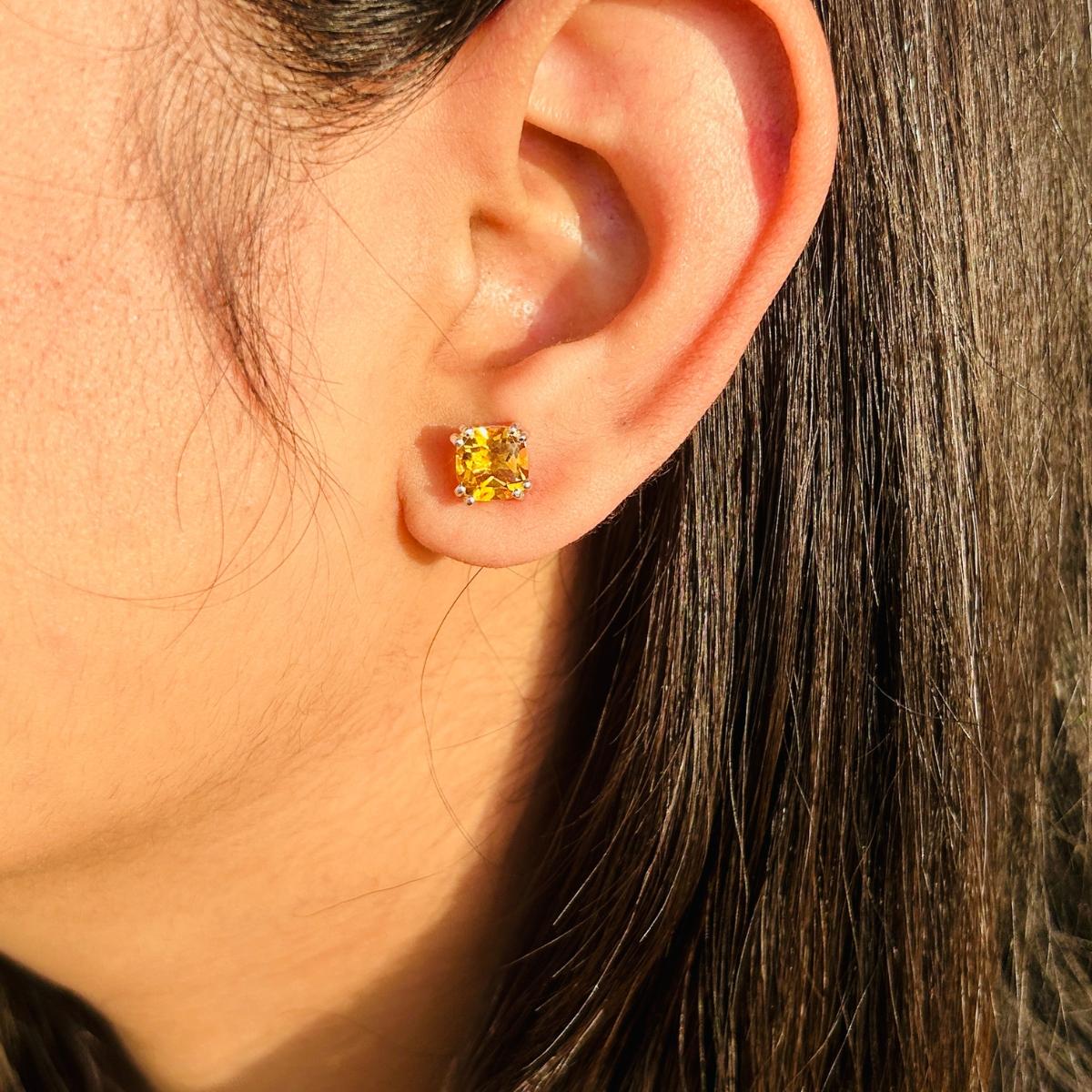 Square Cut Citrine Everyday 925 Silver Pushback Unisex Stud Earrings in 925 Solid Silver For Sale