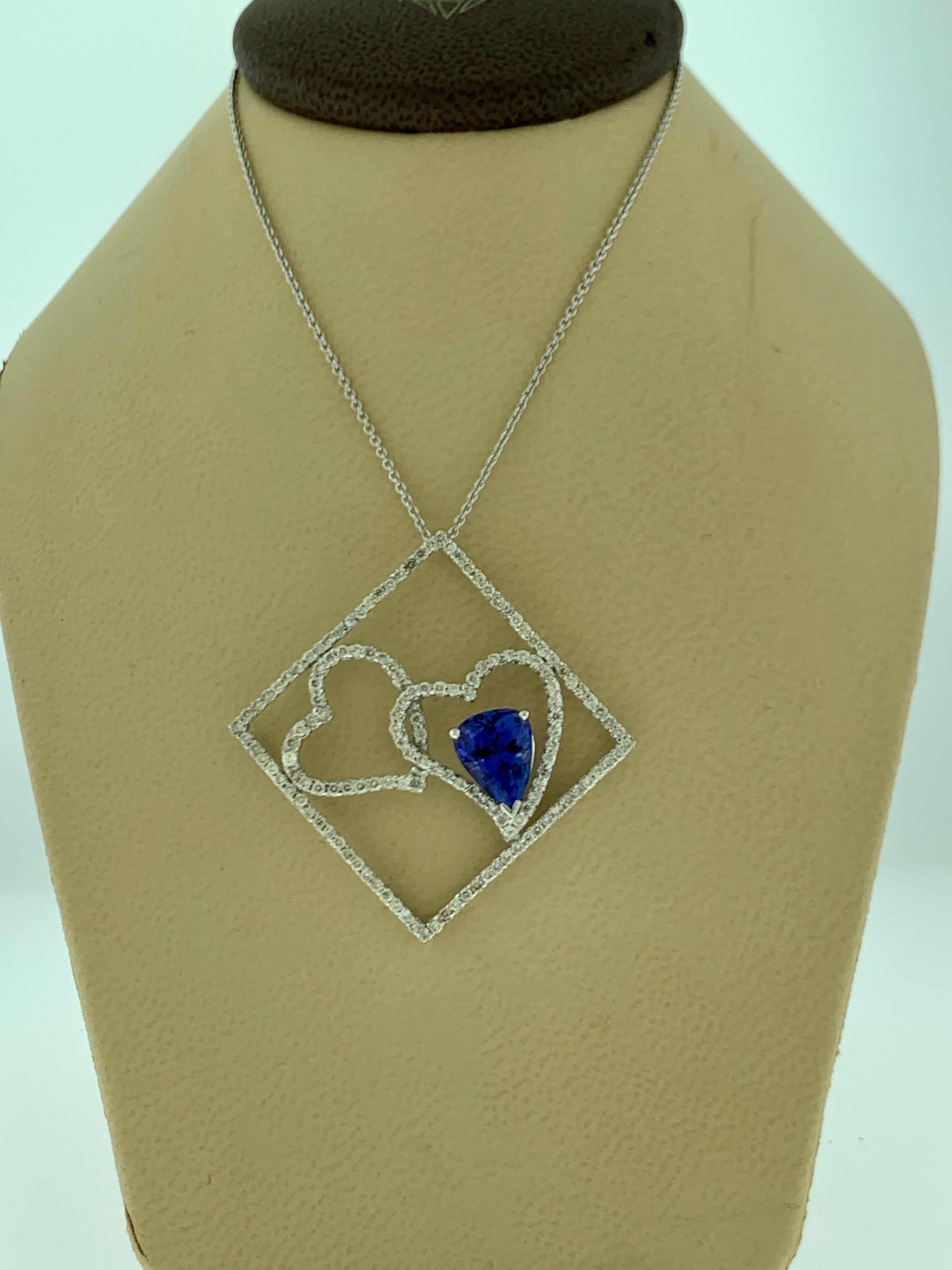 3 Carat Tanzanite and 2 Carat Diamond Two Heart Pendant/ Necklace 18 Karat Gold For Sale 1