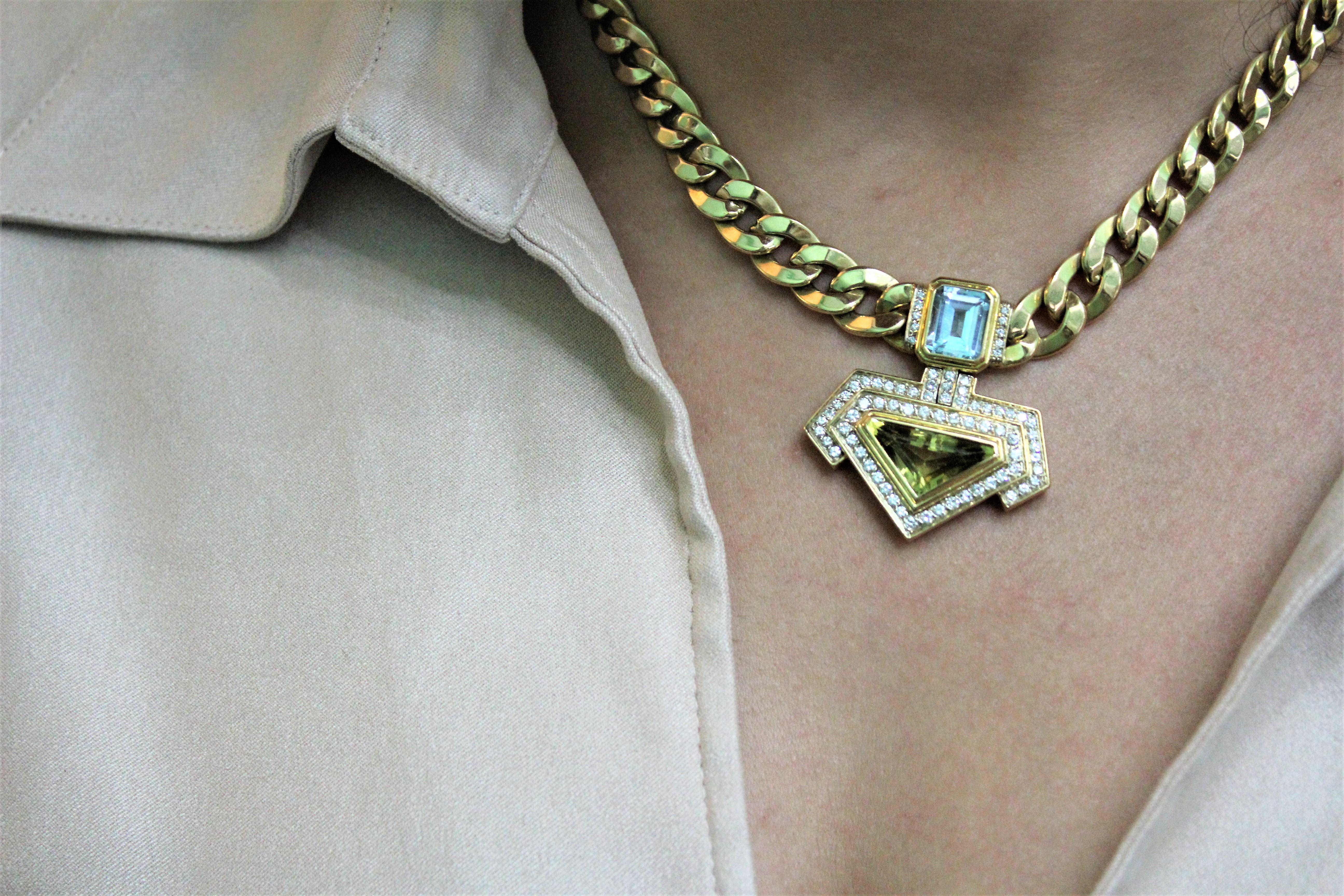 3 Ct. Topaz 4.5 Ct Quartz 2 Ct Diamonds G/H VS 18K Gold Pendant Necklace, 1980s For Sale 7