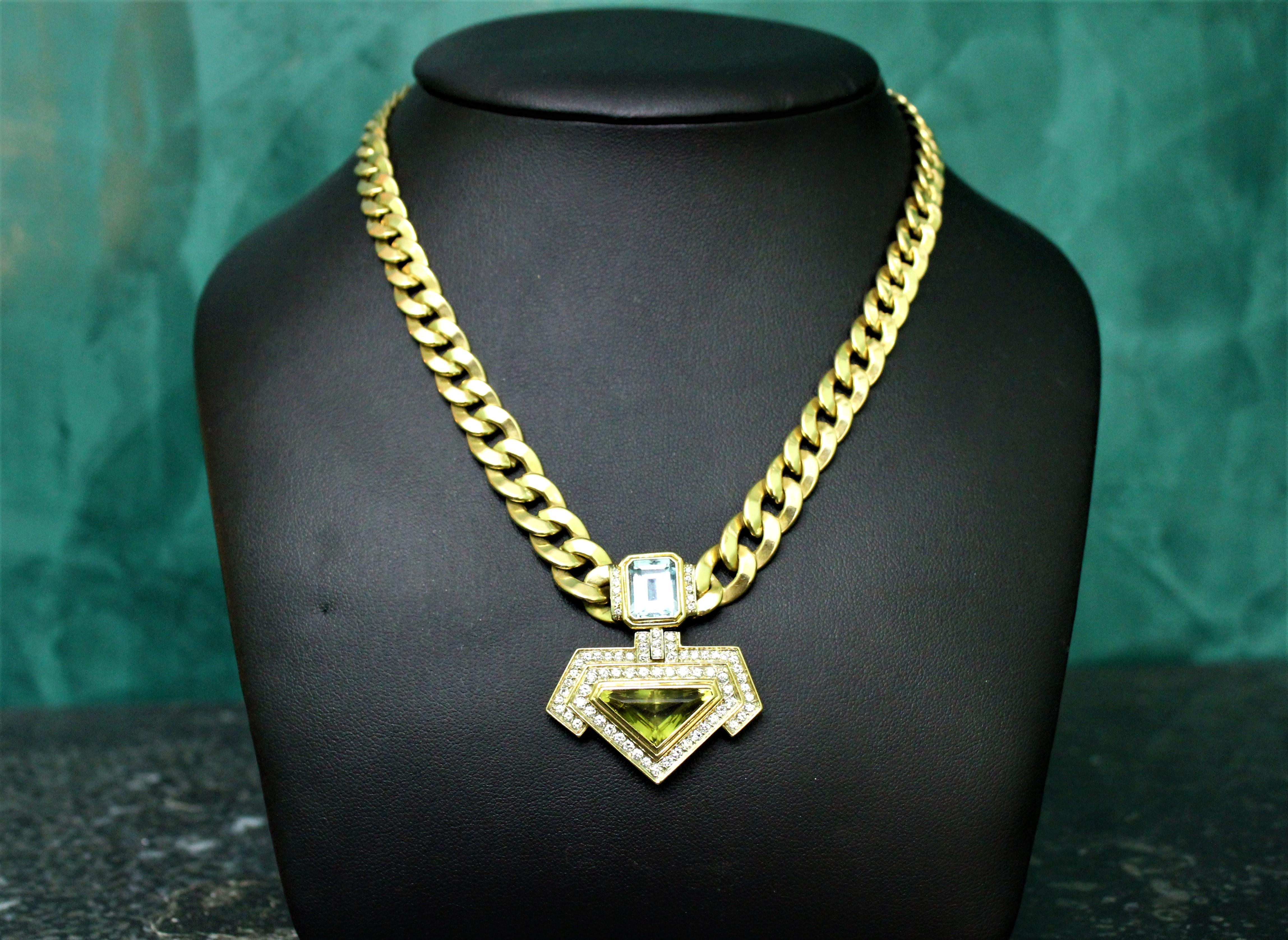 3 Ct. Topaz 4.5 Ct Quartz 2 Ct Diamonds G/H VS 18K Gold Pendant Necklace, 1980s For Sale 8