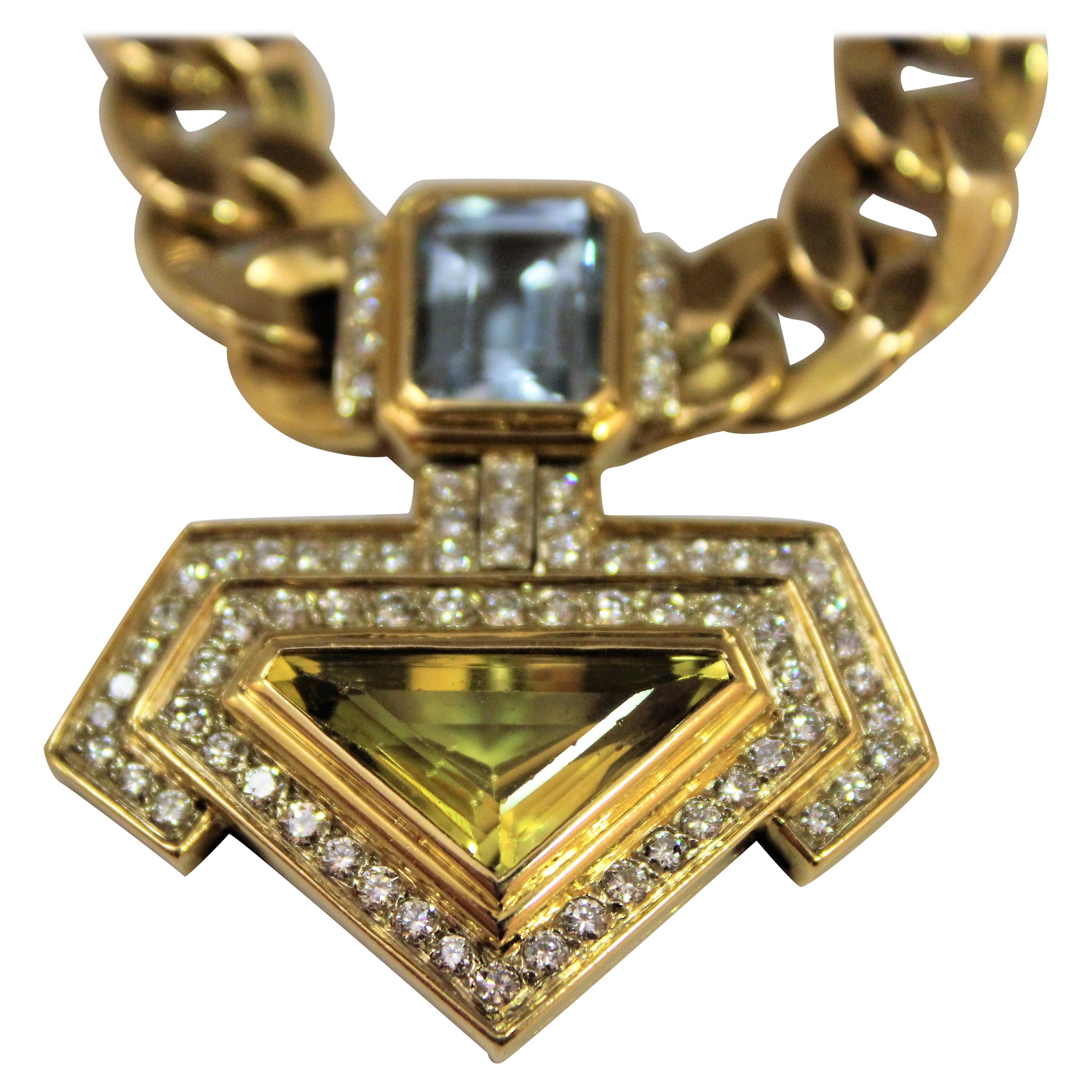 3 Ct. Topaz 4.5 Ct Quartz 2 Ct Diamonds G/H VS 18K Gold Pendant Necklace, 1980s For Sale